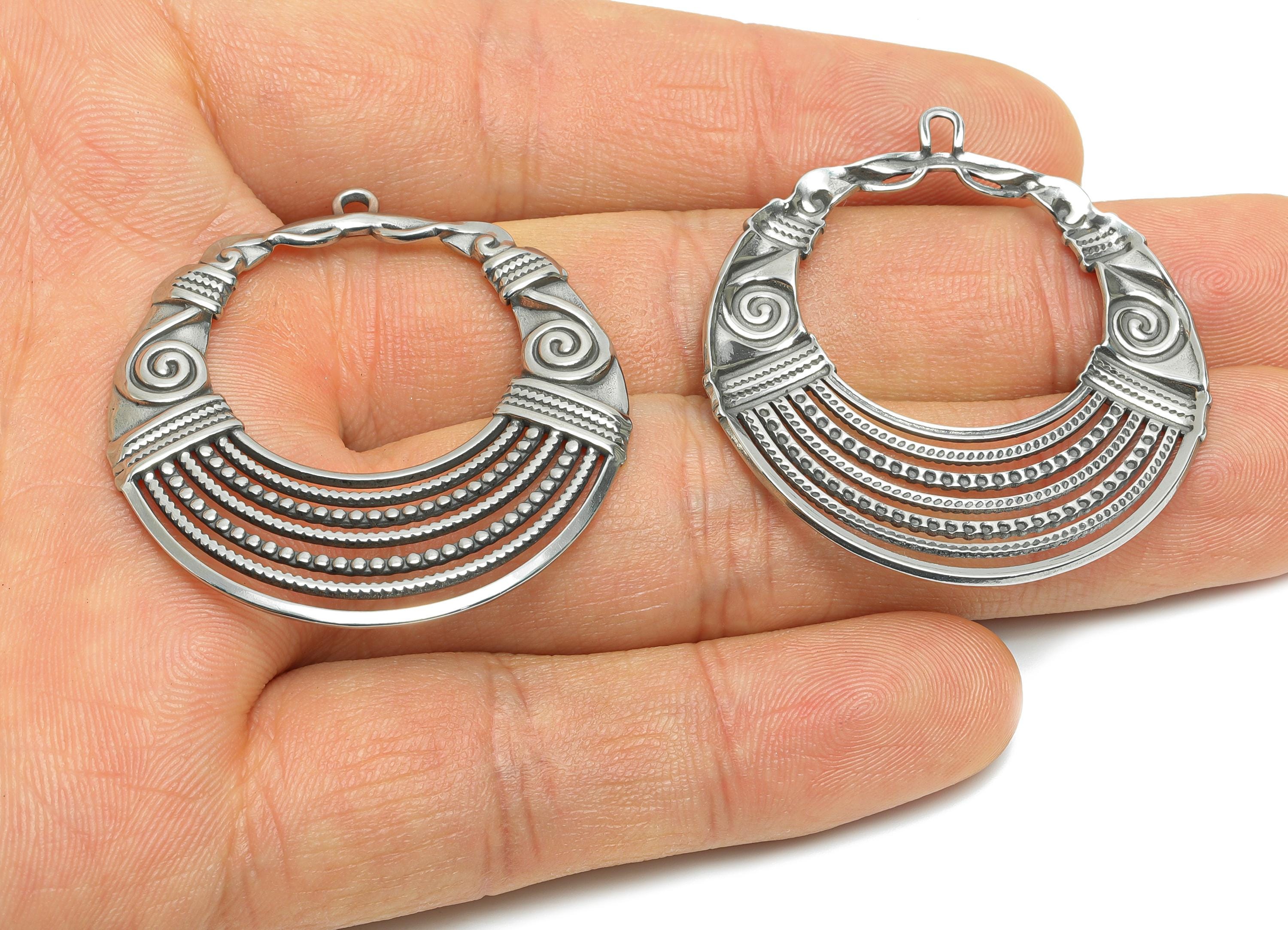 Steel Boho Hoop Pendant - Stainless Steel Artisan Tribal Style Charms - Vintage Looking Pendant - Filigree Hoop Charm - 42x38x2mm - SS2051 - DOMEDBAZAAR