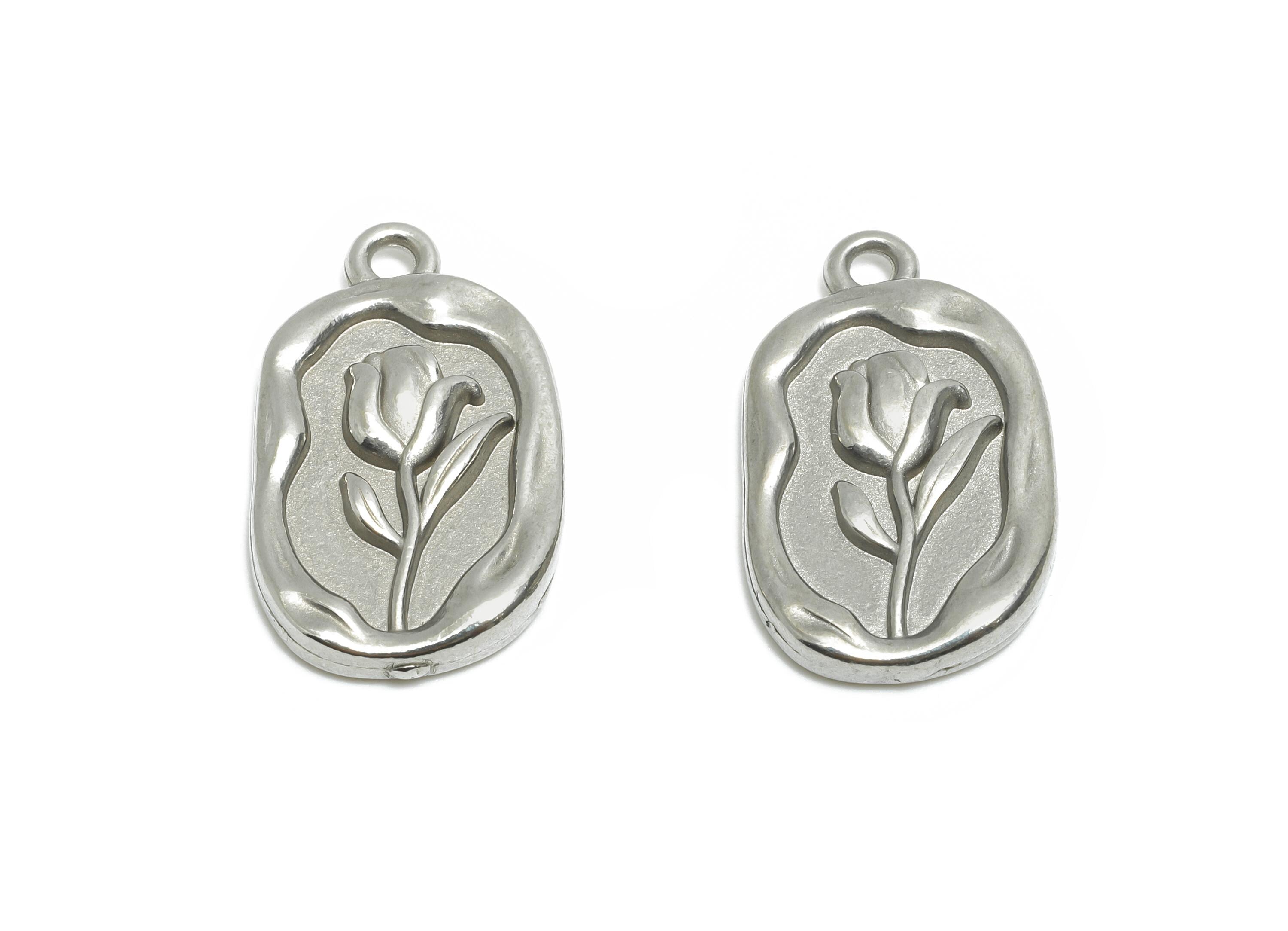 Stainless Steel Oval Tulip Charm - Elegant Steel Botanical Flower Pendant - Minimalist Flower Accent - Steel Finding - 20x12x2.86mm - SS1994 - DOMEDBAZAAR