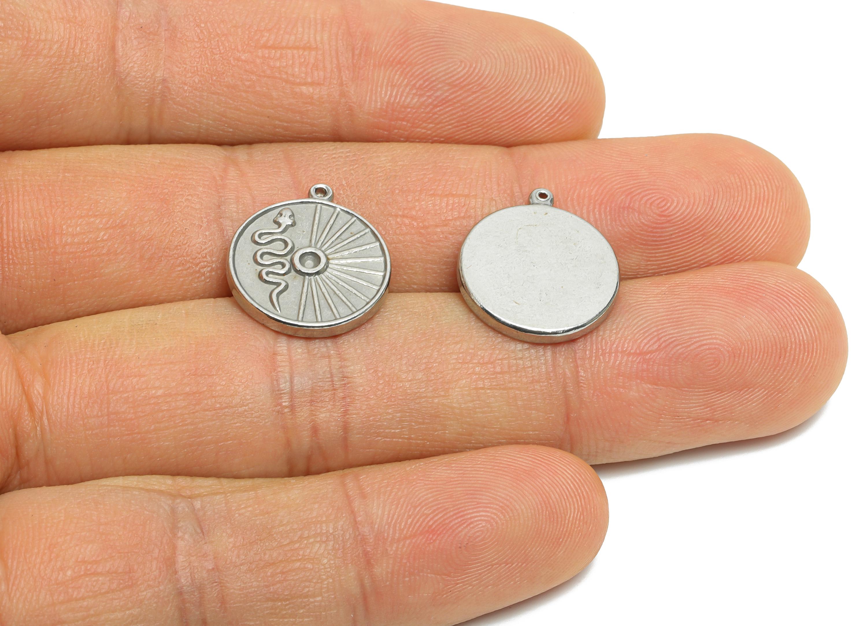 Steel Snake and Sun Charms - Radiant Sunburst Disc Pendant with Snake - Mystical Snake Jewelry Accent - Steel Finding - 17.3x15x2mm - SS2004 - DOMEDBAZAAR
