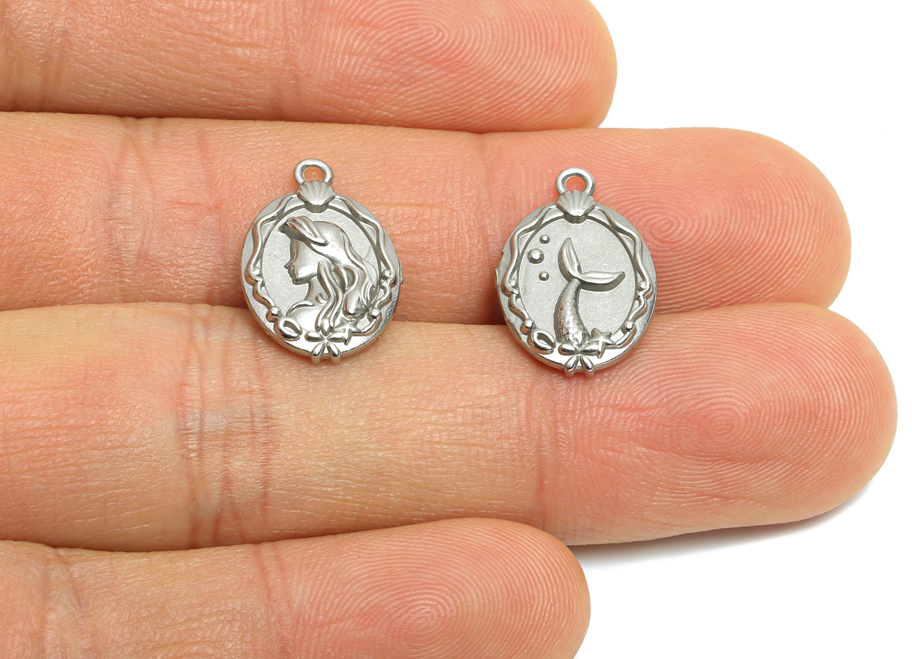Steel Mermaid Charms - Whimsical Oval Double Sided Pendant - Elegant Lady and Fishtail Jewelry Accent - Steel Finding - 17.88x12x3mm -SS2011 - DOMEDBAZAAR