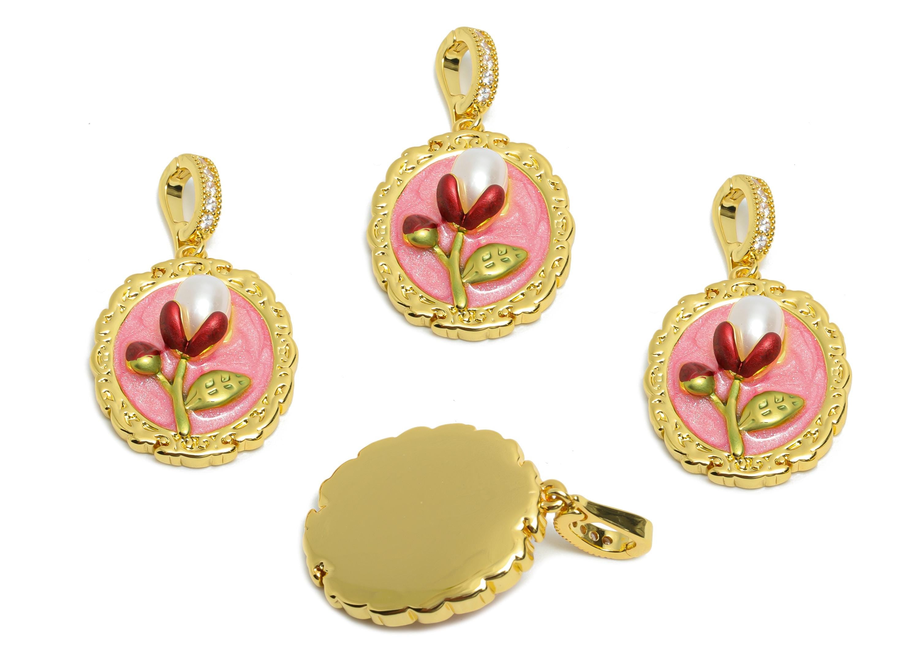 Floral Enamel Pendant- Brass Luxe Enamel Pendant With Pearl - Dainty Necklace Charm With Bail - 18K Real Gold Plated - 24x19x6mm - RGP10721 - DOMEDBAZAAR