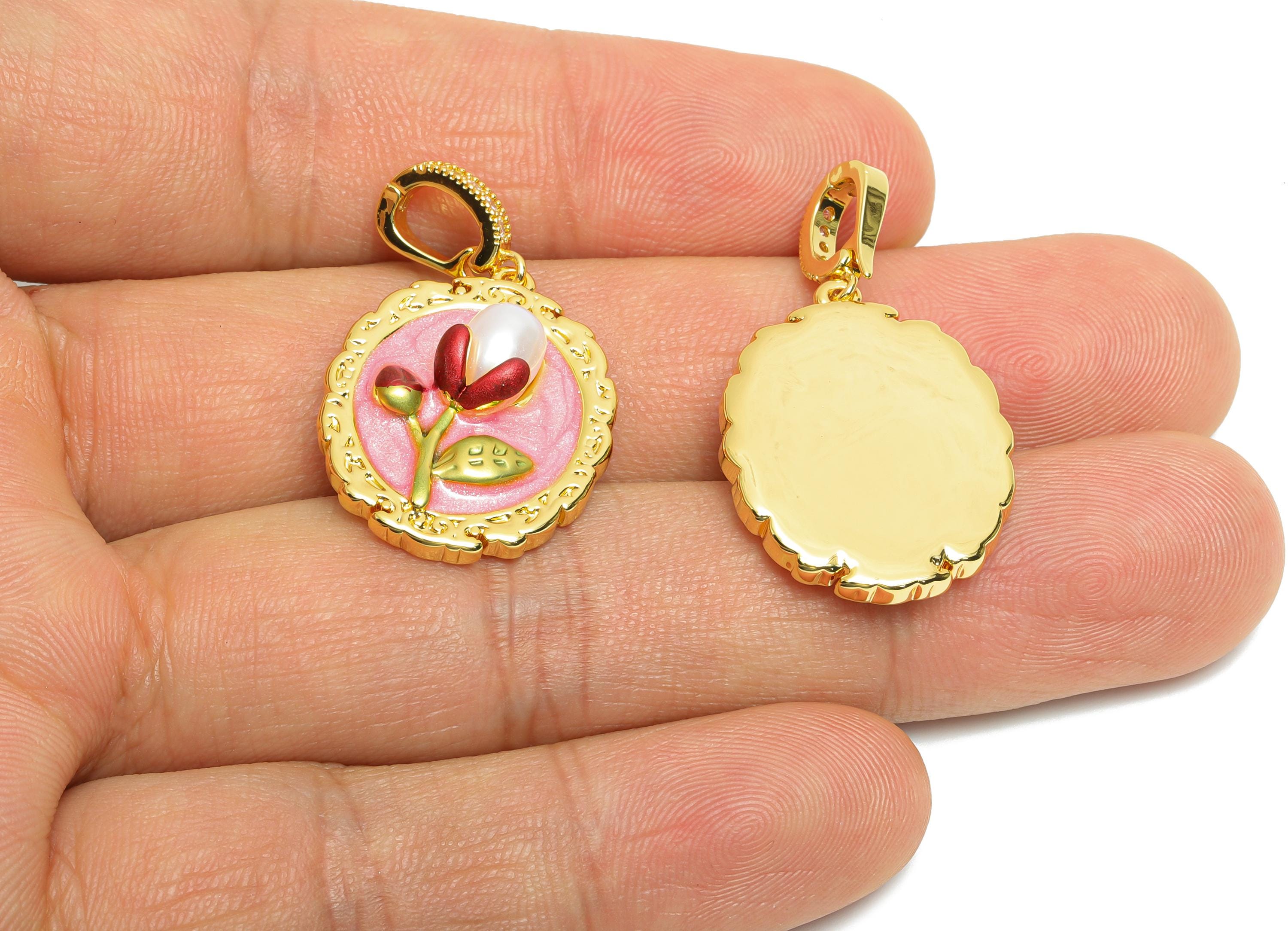 Floral Enamel Pendant- Brass Luxe Enamel Pendant With Pearl - Dainty Necklace Charm With Bail - 18K Real Gold Plated - 24x19x6mm - RGP10721 - DOMEDBAZAAR