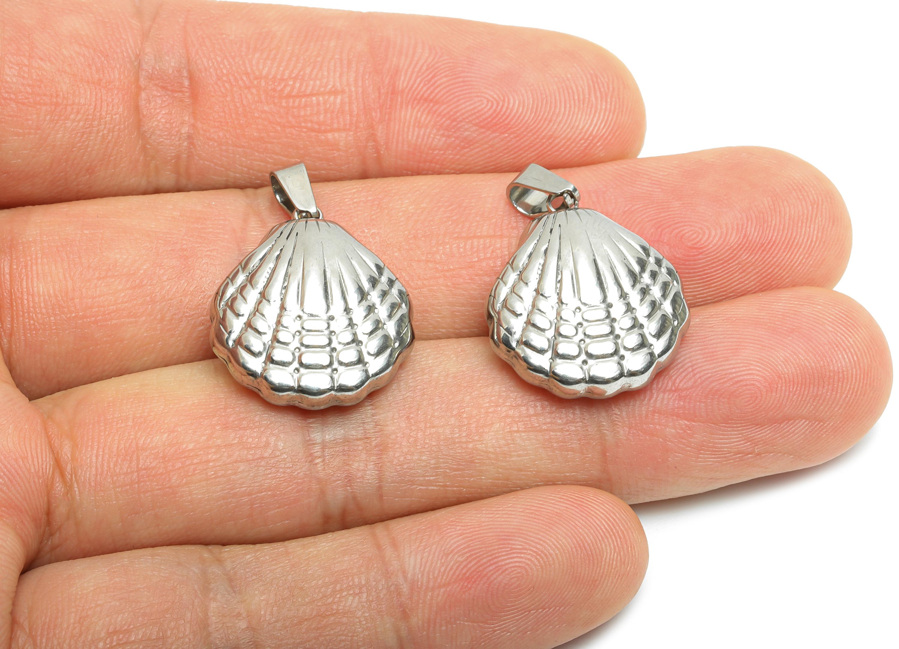 Stainless Steel Shell Pendant - Textured Silver Shell Necklace Pendant - 304 Stainless Steel - Marine Jewelry - 21.4x18.25x8.41mm - SS1687 - DOMEDBAZAAR
