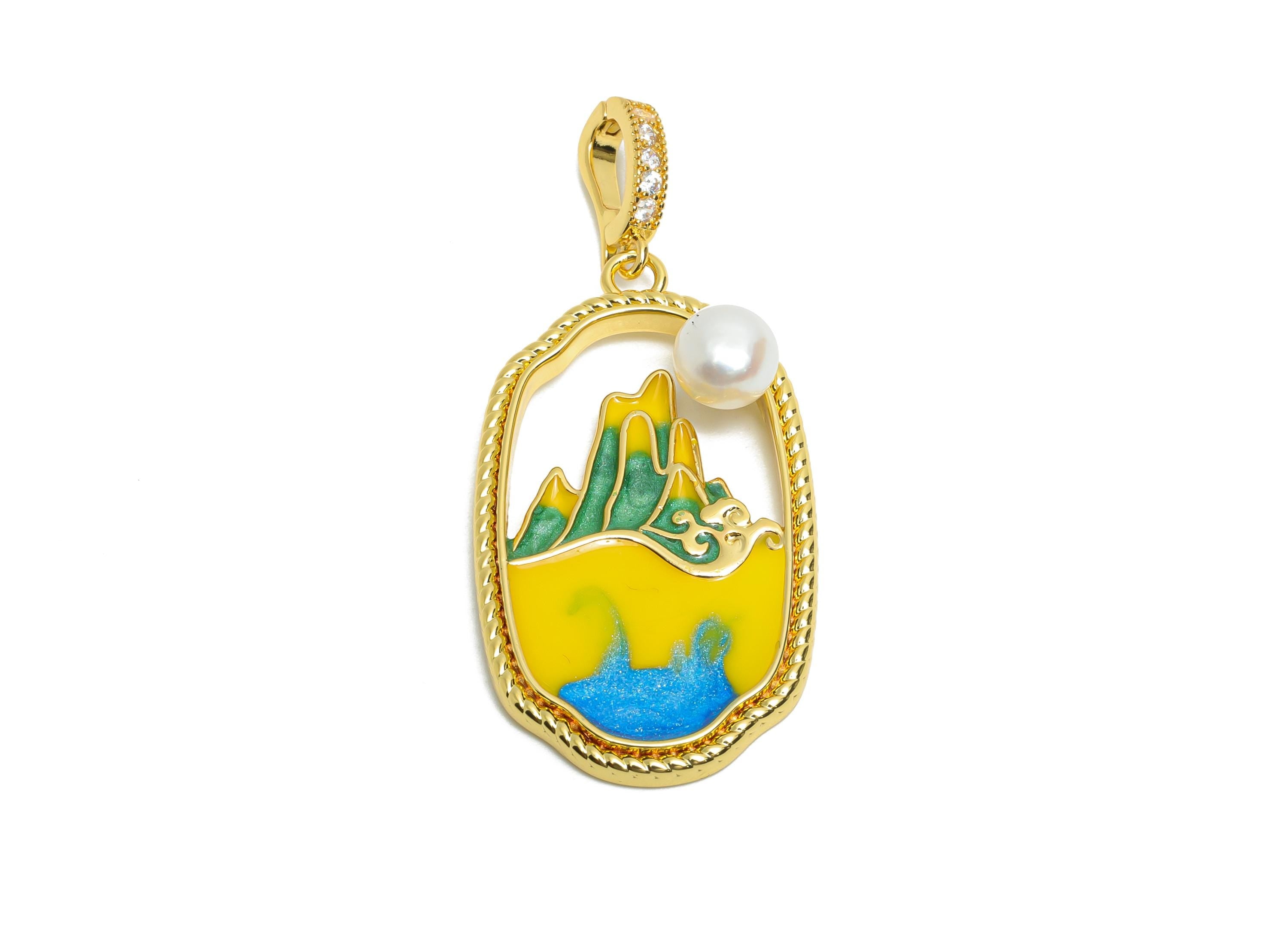 Mountain Ocean Pendant - Brass Luxe Enamel Pendant With Pearl - Artistic Scenic Charm With Bail - 18K Real Gold Plated - 34x19x7mm -RGP10722 - DOMEDBAZAAR