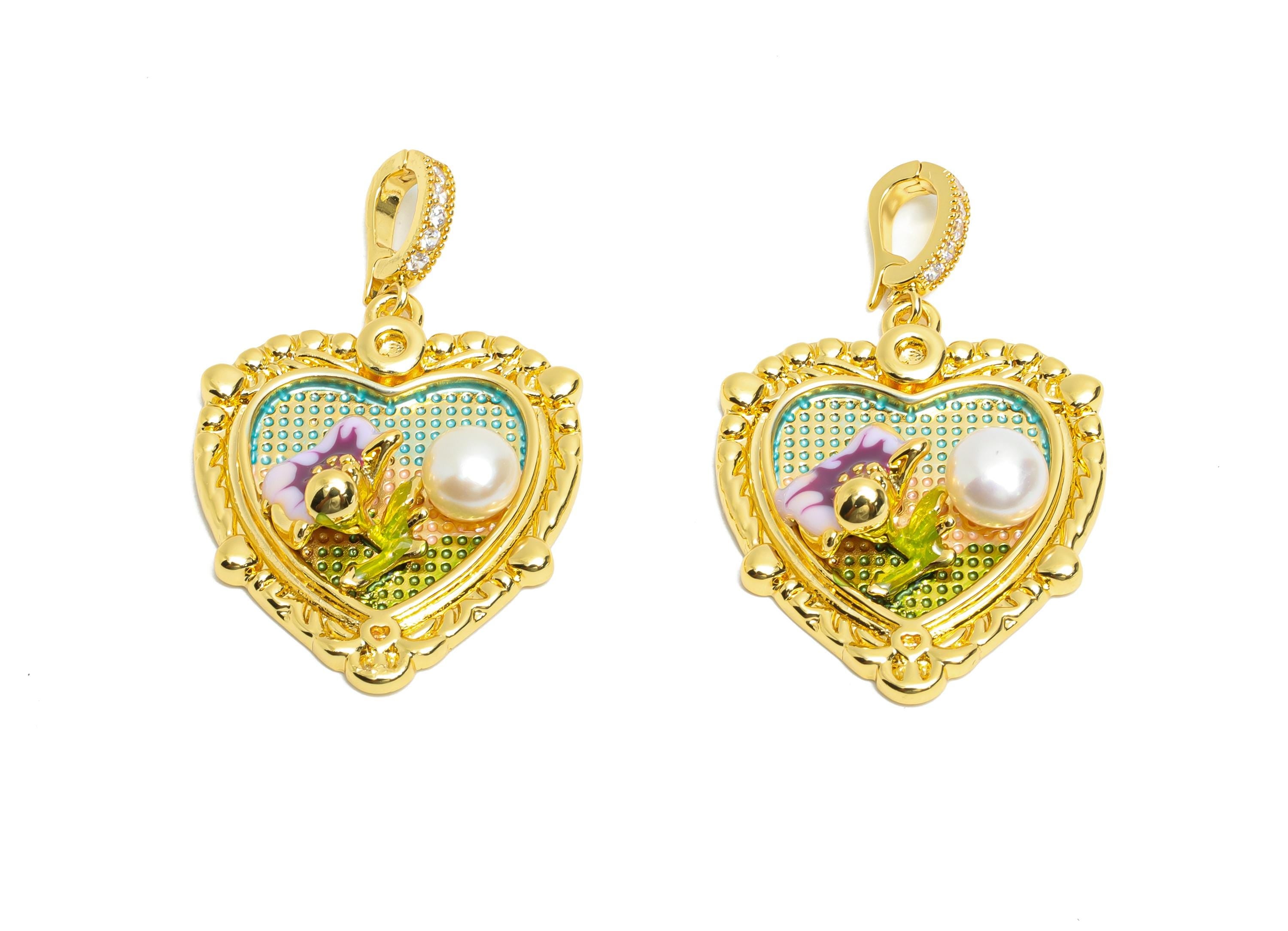Romantic Heart Pendant - Brass Enamel Pendant With Pearl - Dainty Necklace Charm With Bail - 18K Real Gold Plated - 29x24x6mm - RGP10723 - DOMEDBAZAAR