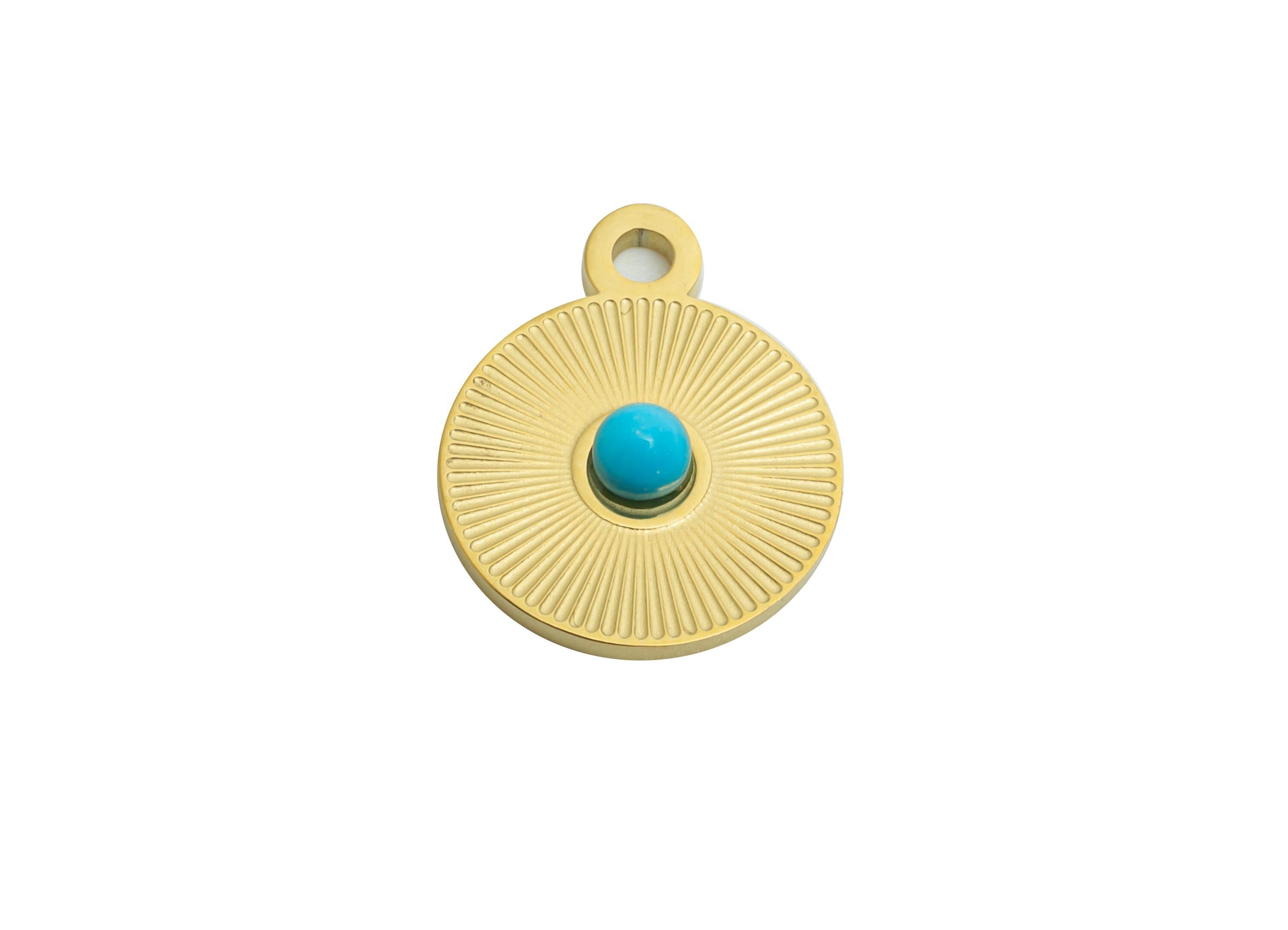 Steel Natural Stone Pendant - Textured Circular Bright Blue Stone Detail Pendant - Natural Stone Jewelry - 14K Real Gold - 15x12x3mm -SS1670 - DOMEDBAZAAR