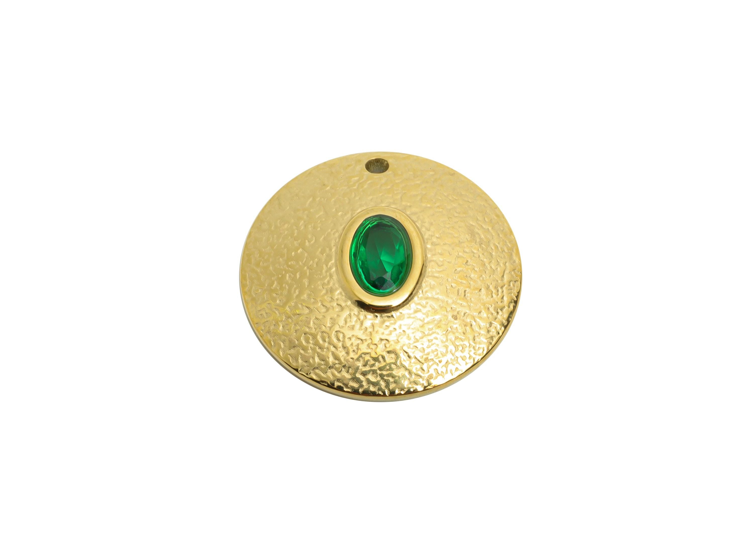 Steel Natural Stone Pendant - Vintage Oval Green Stone Gold Charm - Textured Pendant With Green Gemstone - 14K Real Gold - 19x19x4mm -SS1674 - DOMEDBAZAAR
