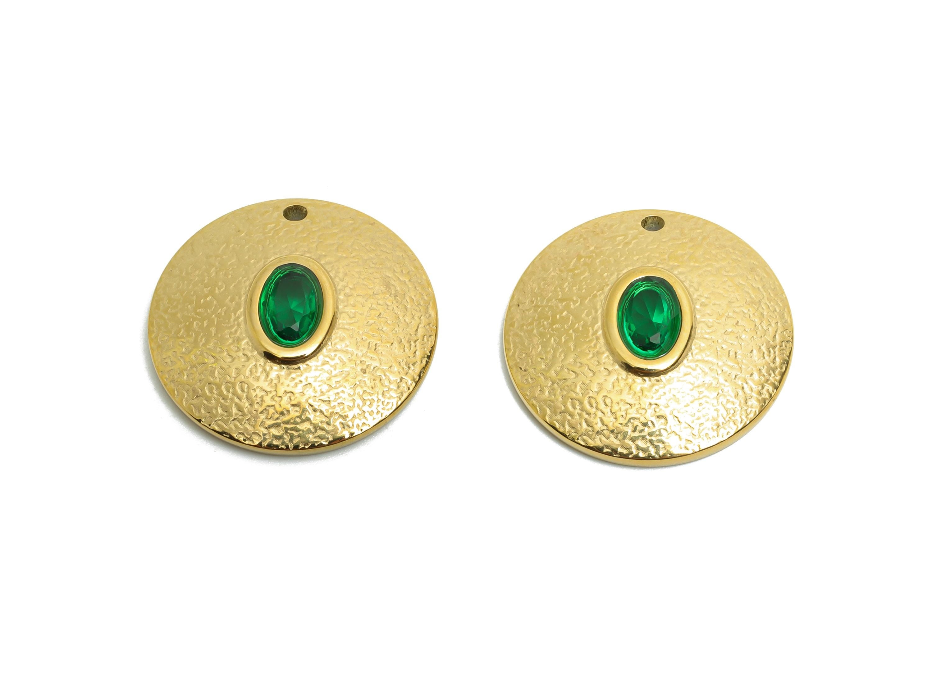Steel Natural Stone Pendant - Vintage Oval Green Stone Gold Charm - Textured Pendant With Green Gemstone - 14K Real Gold - 19x19x4mm -SS1674 - DOMEDBAZAAR