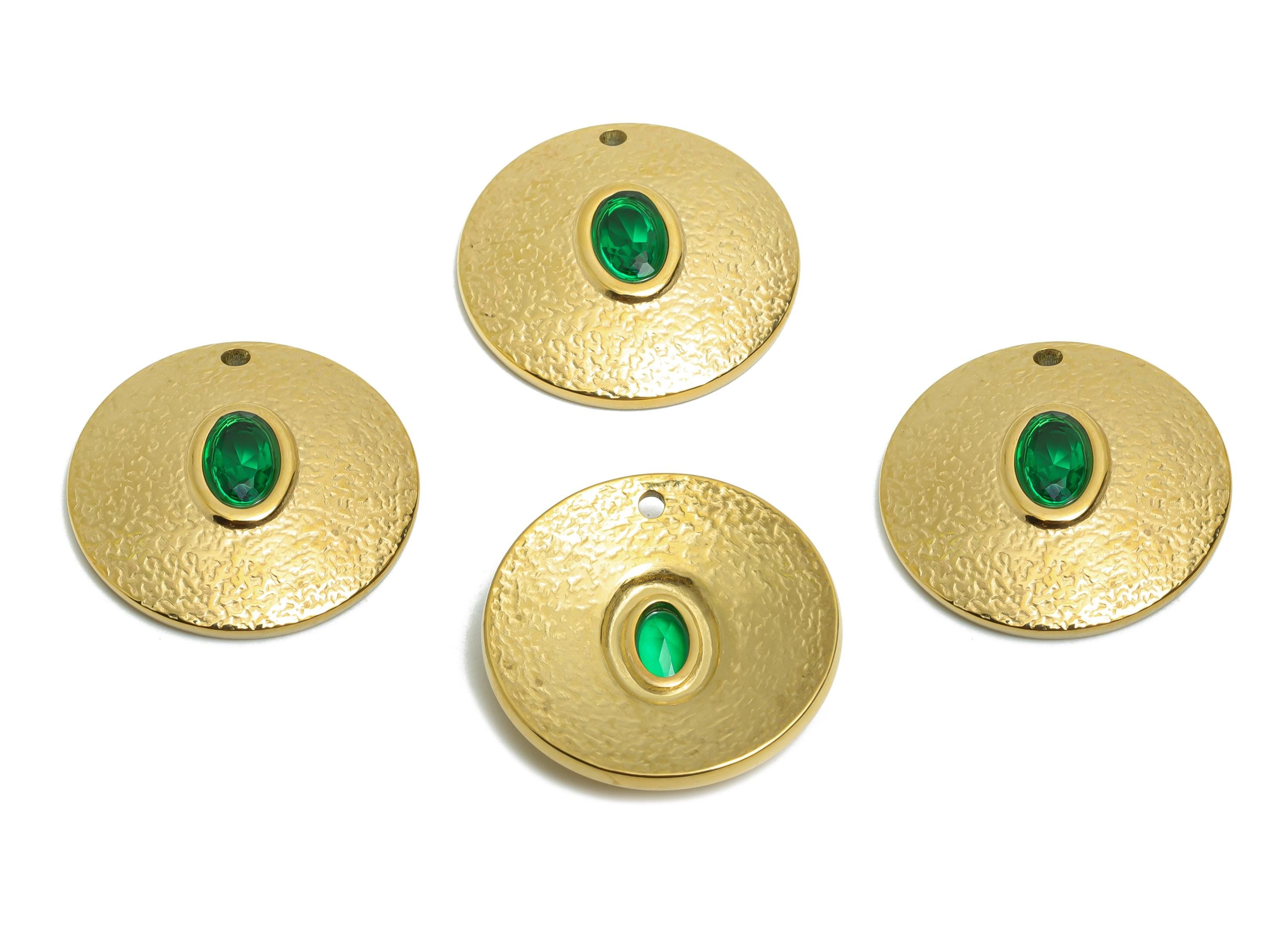 Steel Natural Stone Pendant - Vintage Oval Green Stone Gold Charm - Textured Pendant With Green Gemstone - 14K Real Gold - 19x19x4mm -SS1674 - DOMEDBAZAAR