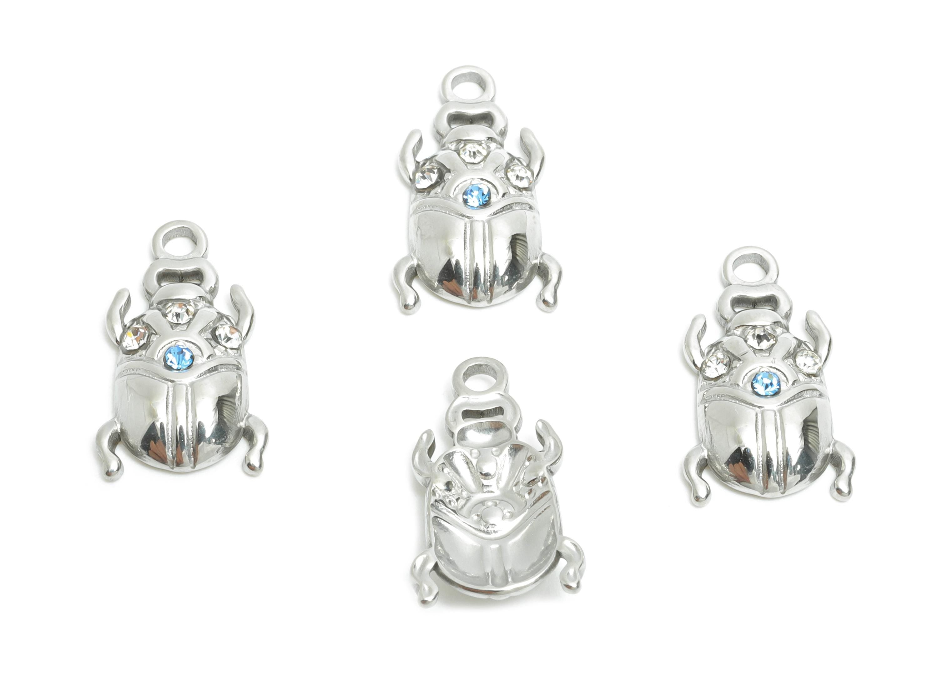 Crystals Scarab Pendant - Steel Elegant Scarab Necklace Charm - Shiny Silver Charm With Cubic Zircon - Decorative Jewelry - 17x9x3mm -SS1676 - DOMEDBAZAAR