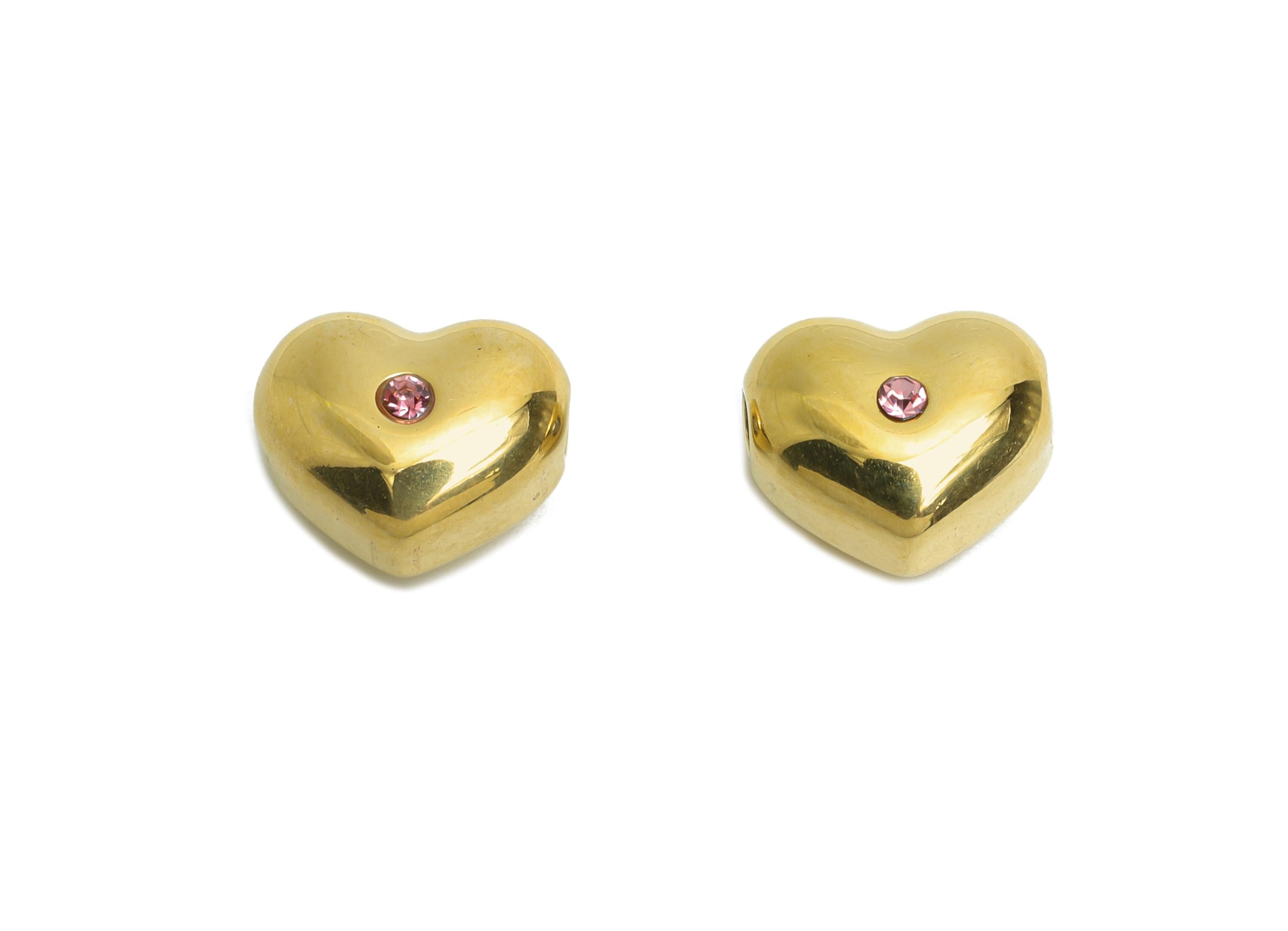 Shiny Gold CZ Heart Bead - Beads With Sparkling Pink Crystals - Sparking Heart Cubic Zircon Bead  - 14K Real Gold - 10x8x6mm - SS1677 - DOMEDBAZAAR