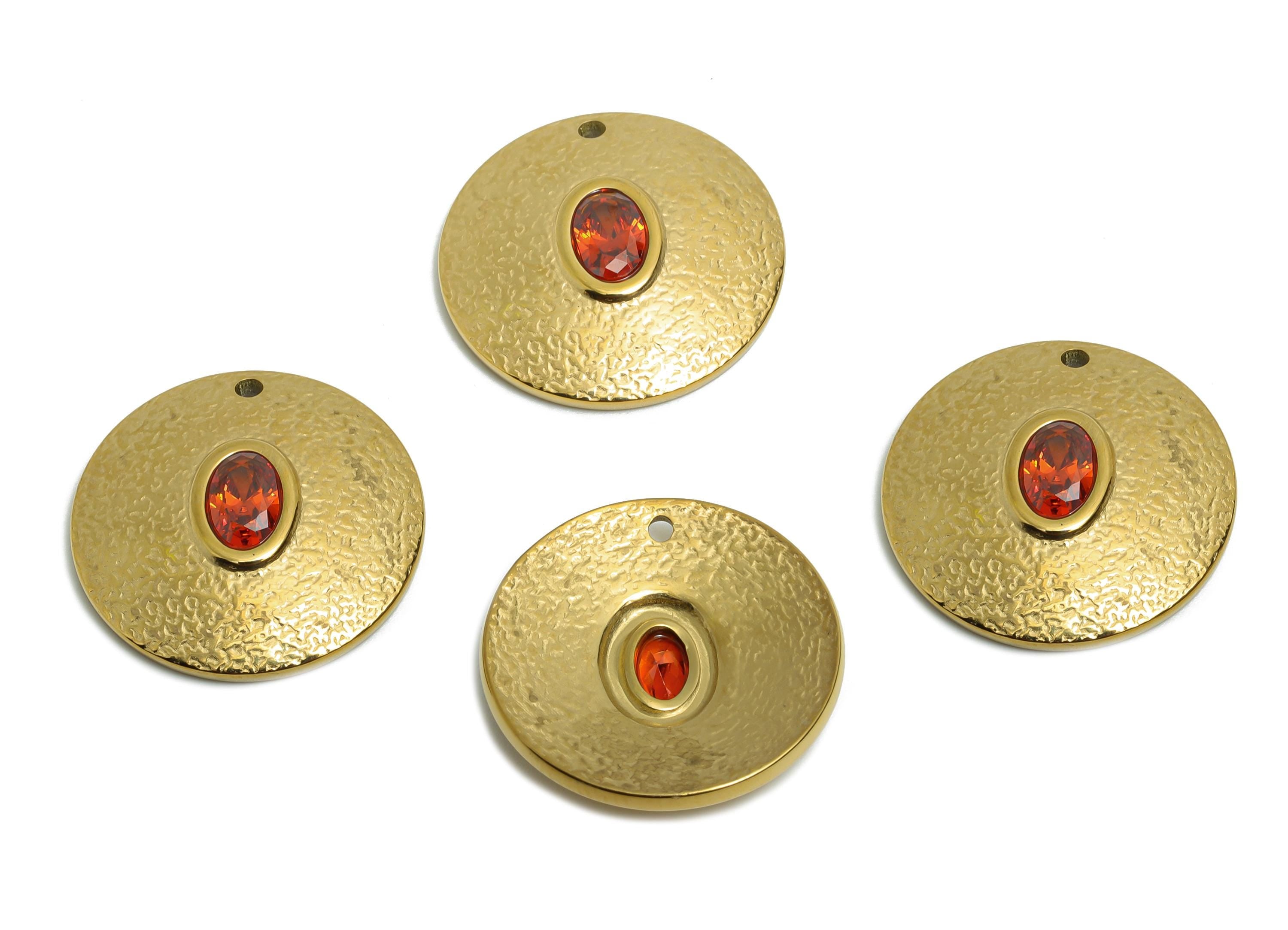 Steel CZ Textured Round Pendant - Vintage Oval Cubic Zircon Charm - Sparking Textured Necklace Charm  - 14K Real Gold - 19x19x4mm - SS1673 - DOMEDBAZAAR