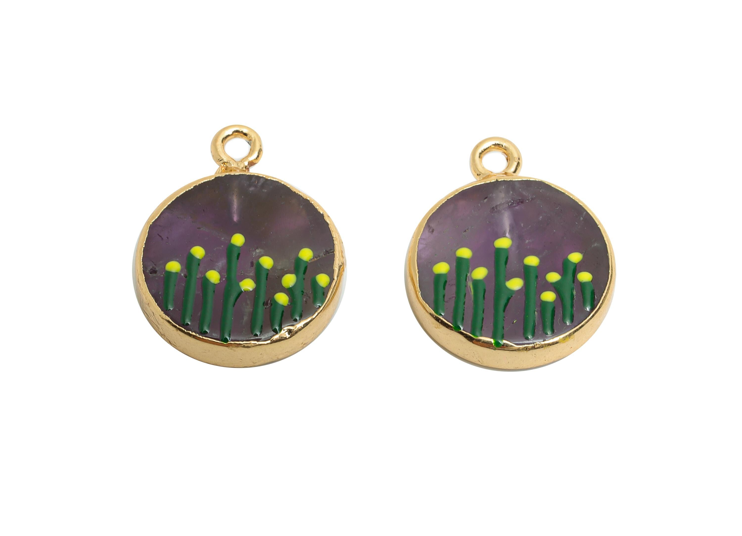 Amethyst Earring Charm - Brass Handmade Gold Foral With Enamel Pendant - Botanical Theme - KC Gold Plating - 19x15x3mm - NS2883F - DOMEDBAZAAR