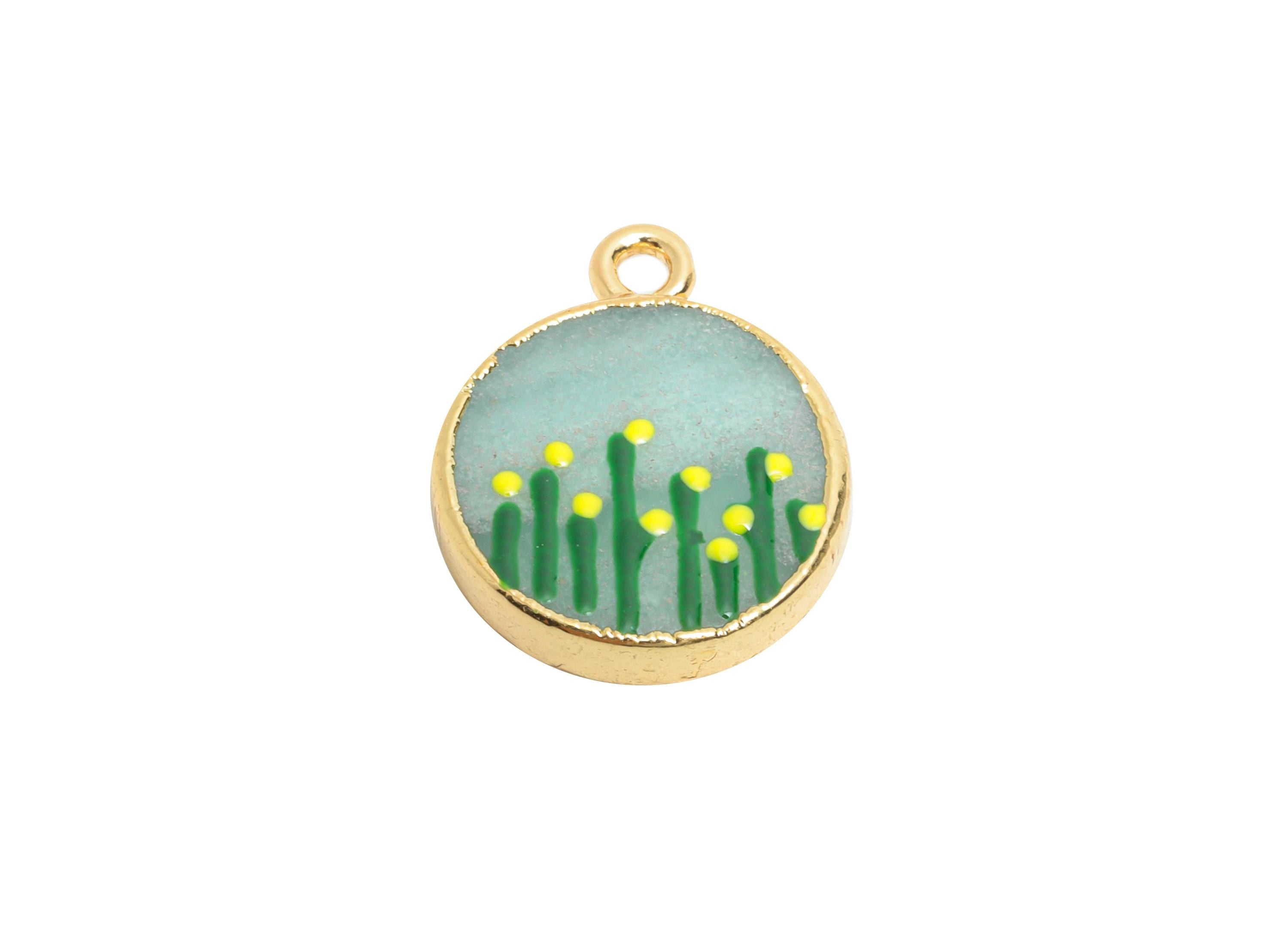 Amazonite Earring Charm - Brass Handmade Gold Foral With Enamel Pendant - Brass Botanical Theme - KC Gold Plating - 19x15x3mm - NS2883A - DOMEDBAZAAR