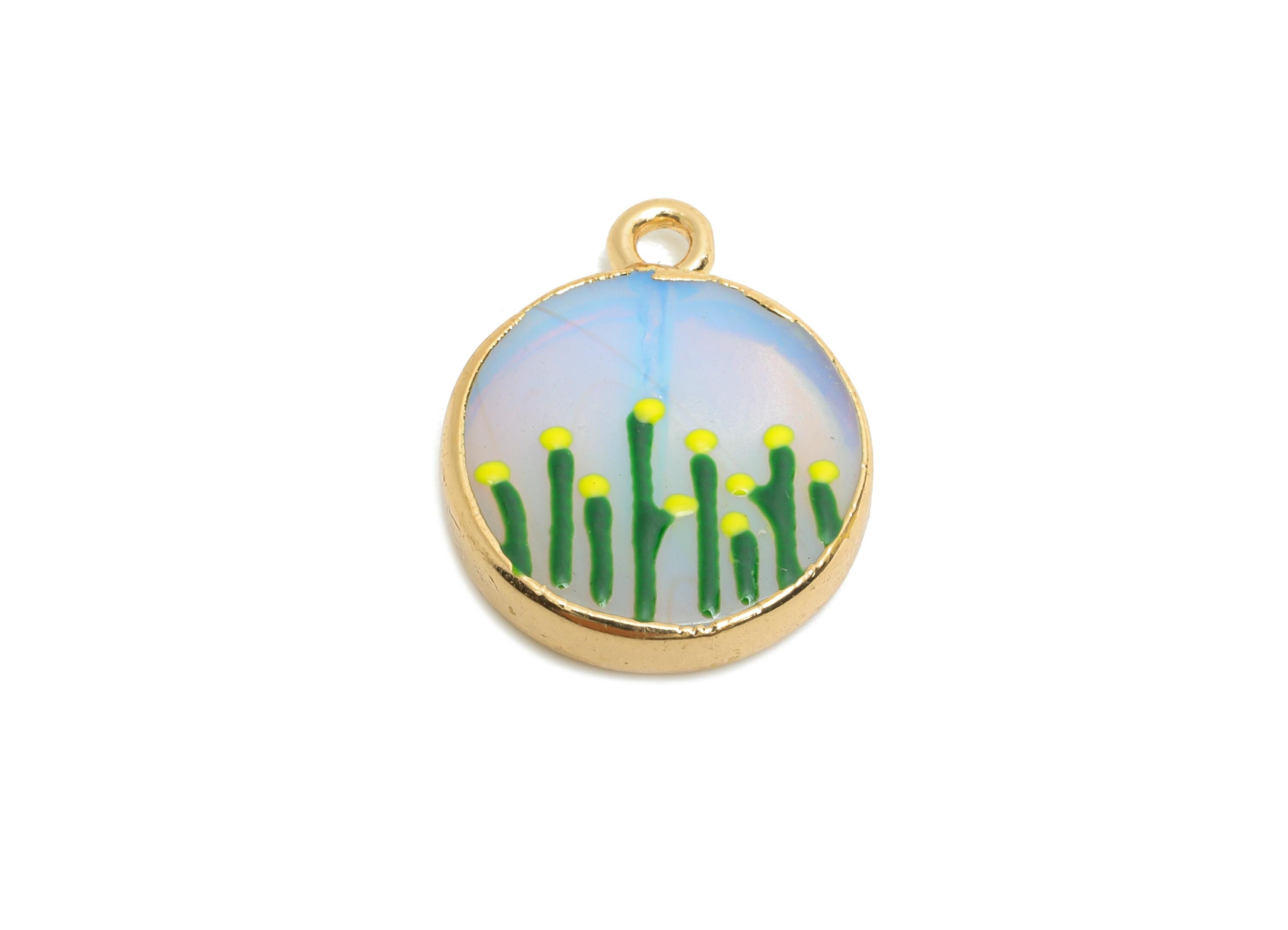 Opal Earring Charm - Brass Handmade Gold Floral With Enamel Pendant - Brass Botanical Theme - KC Gold Plating - 19x15x3.74mm - NS2883E - DOMEDBAZAAR
