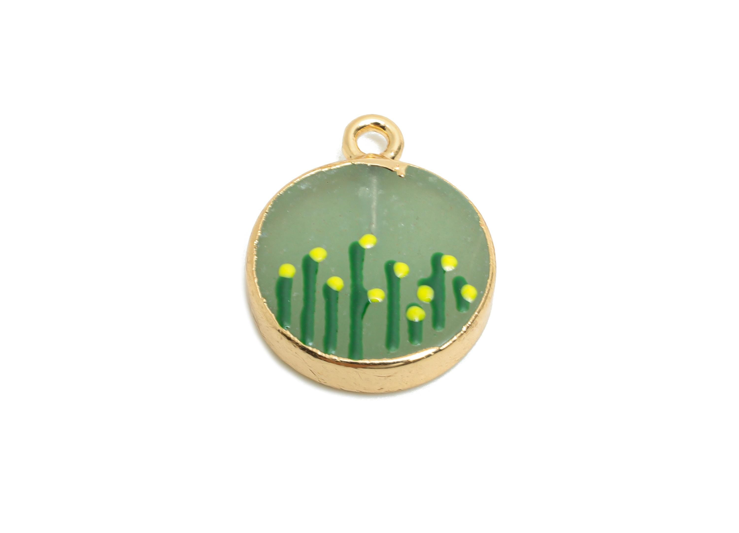 Green Aventurine Earring Charm - Brass Handmade Gold Floral Enamel Pendant - Botanical Theme - KC Gold Plating - 19x15x4.07mm - NS2883D - DOMEDBAZAAR