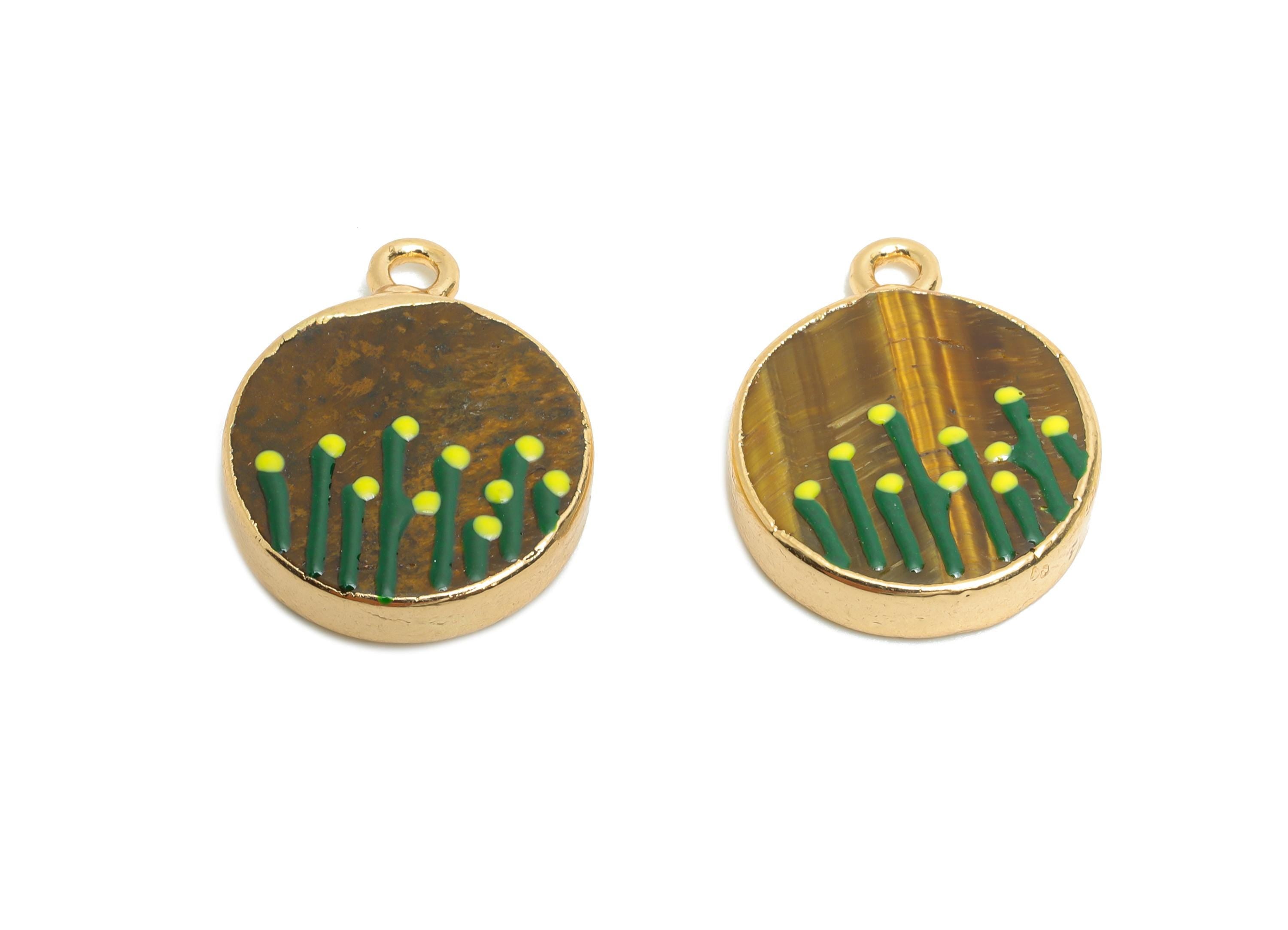 Tigereye Stone Earring Charm - Brass Handmade Gold Floral Enamel Pendant - Botanical Theme - KC Gold Plating - 19x15x3.76mm - NS2883C - DOMEDBAZAAR