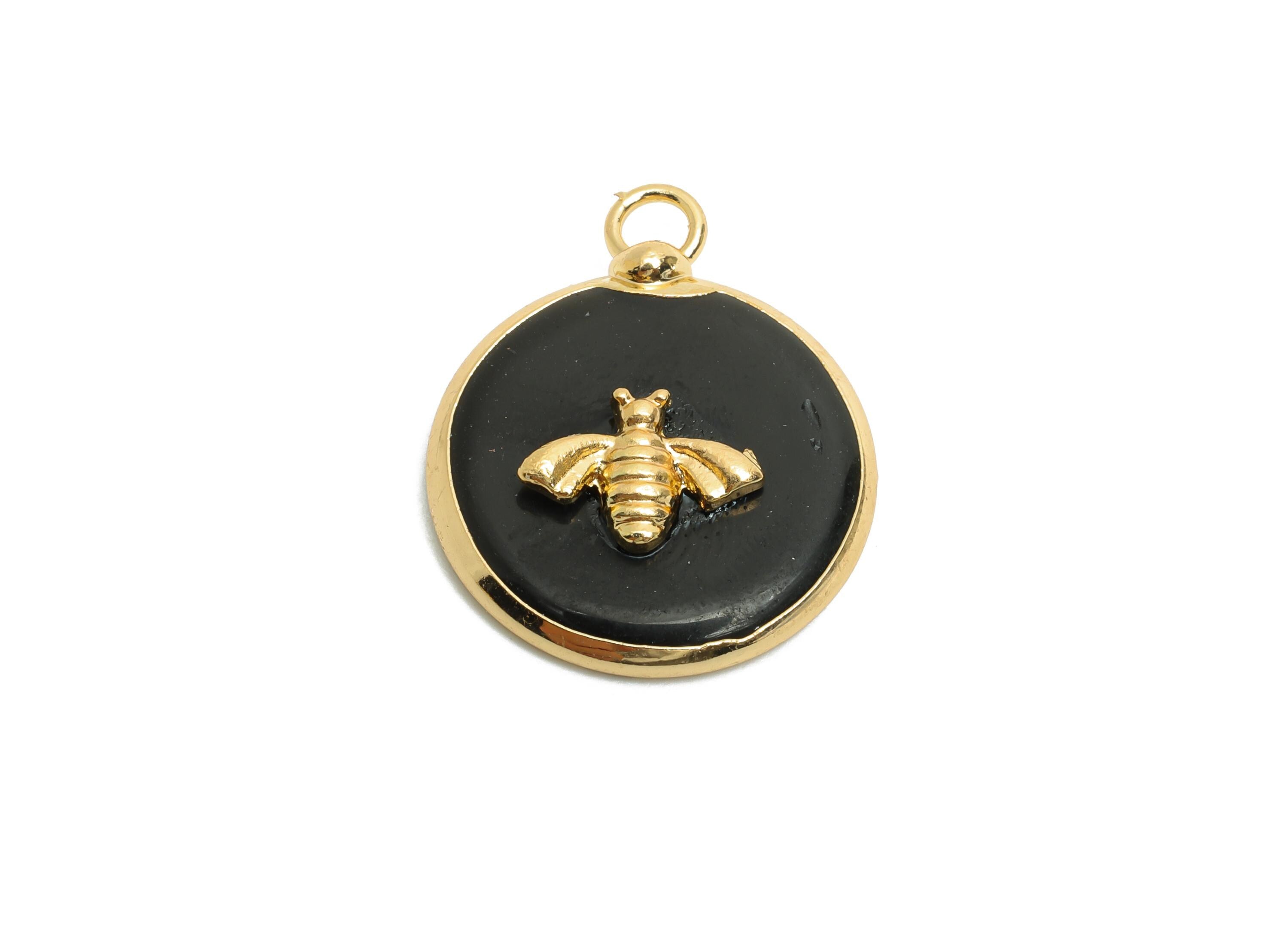 Obsidian Bee Pendant - Brass Elegant Bee Charm For Necklace - Round Bee Gold Frame Pendant - KC Gold Plating - 22x18x4.03mm - NS2881A - DOMEDBAZAAR