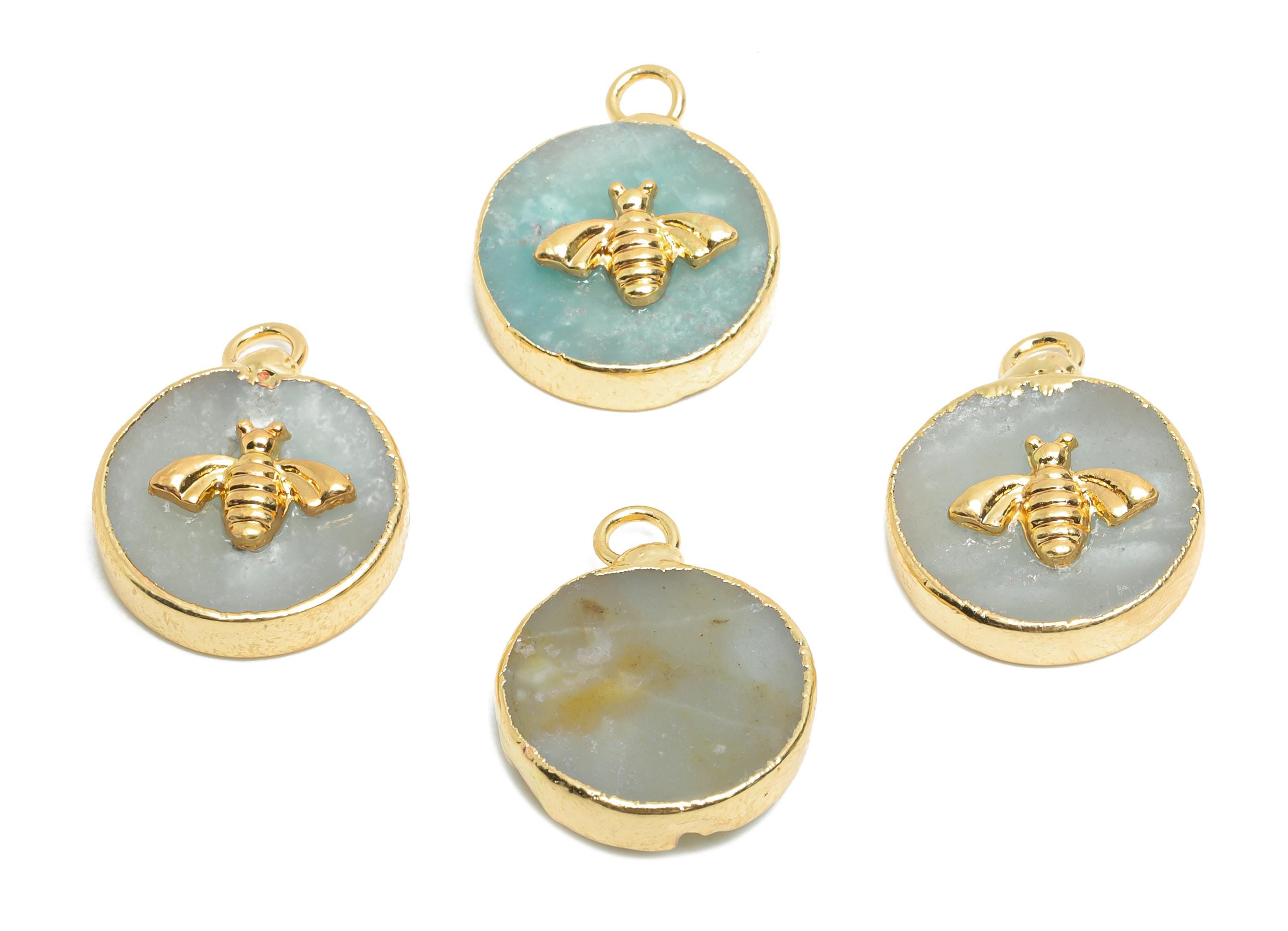 Amazonite Bee Pendant - Brass Elegant Bee Charm For Necklace - Round Bee Gold Frame Pendant - KC Gold Plating - 22x18x4.03mm - NS2881I - DOMEDBAZAAR
