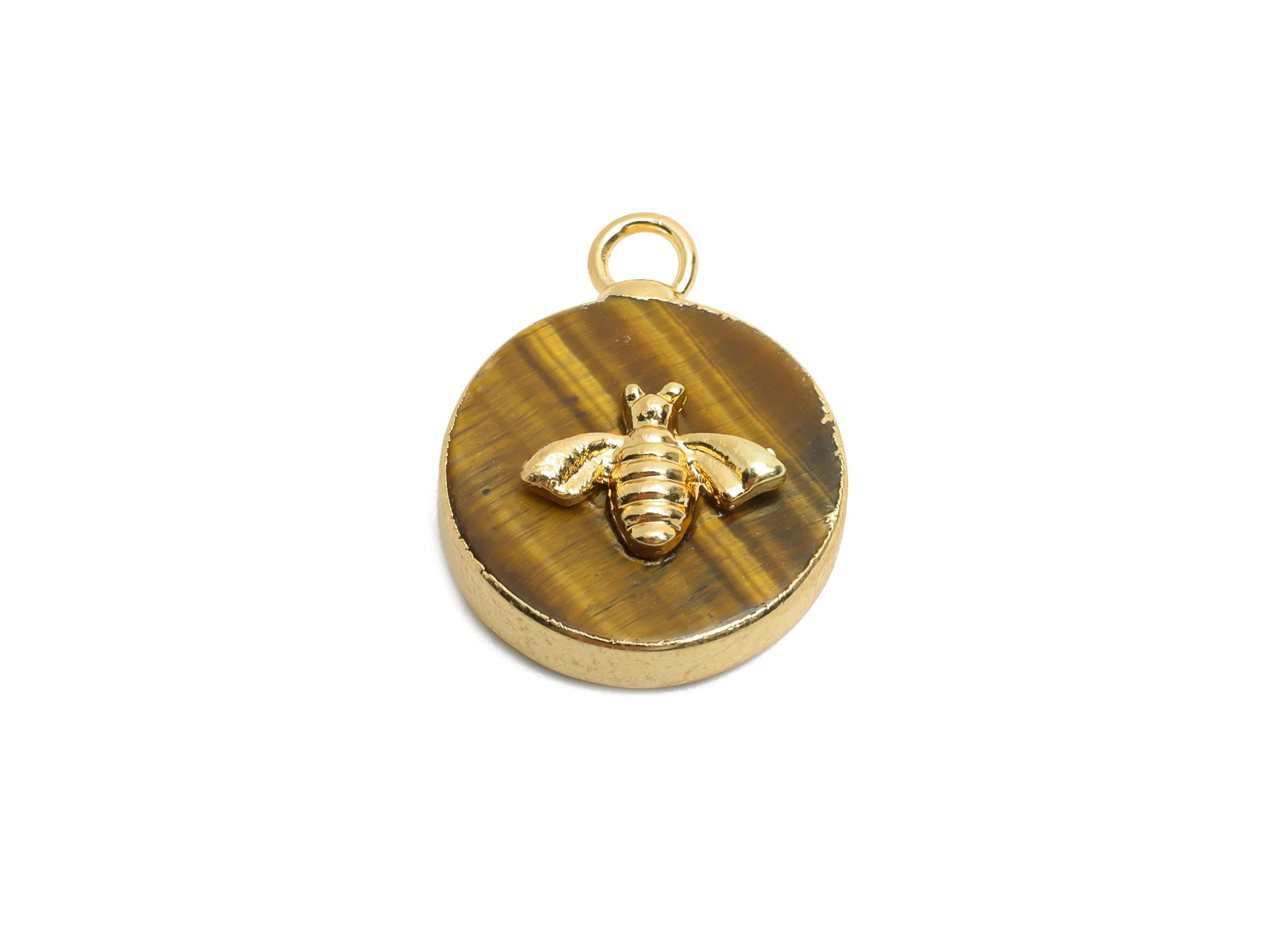 Tigereye Stone Bee Pendant - Brass Elegant Bee Charm For Necklace - Round Bee Gold Frame Pendant - KC Gold Plating - 19x15x5mm - NS2881D - DOMEDBAZAAR