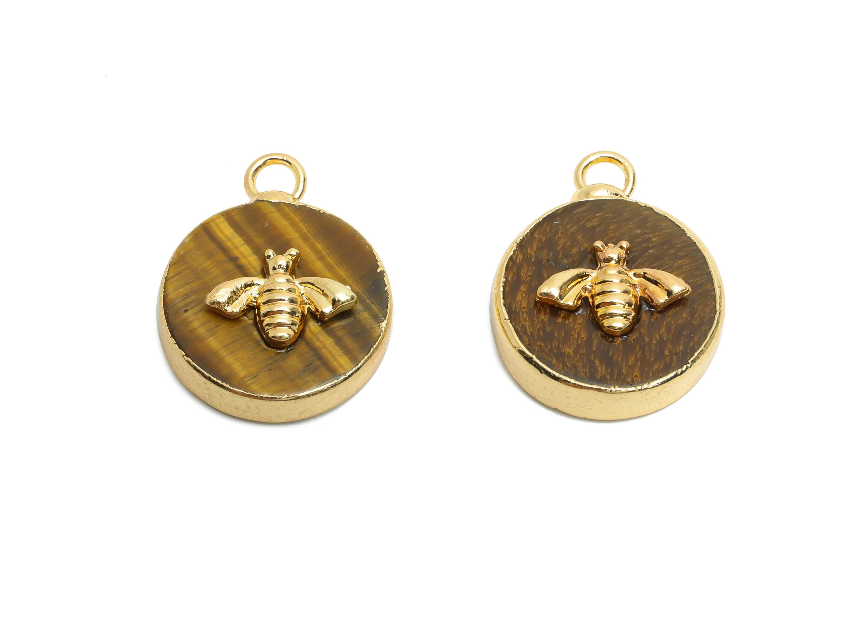 Tigereye Stone Bee Pendant - Brass Elegant Bee Charm For Necklace - Round Bee Gold Frame Pendant - KC Gold Plating - 19x15x5mm - NS2881D - DOMEDBAZAAR