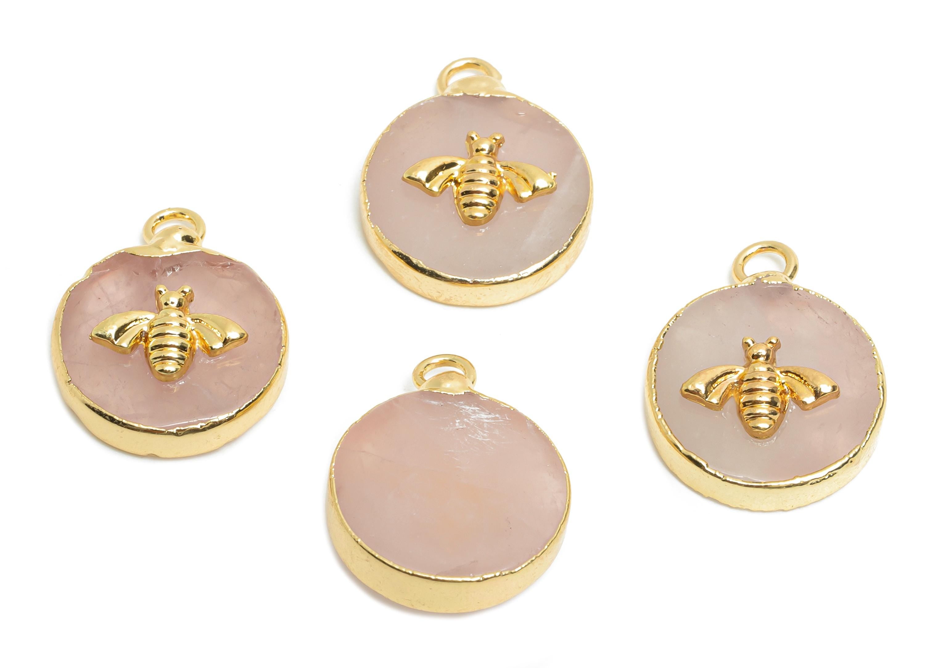 Rose Quartz Bee Pendant - Brass Elegant Bee Charm For Necklace - Round Bee Gold Frame Pendant - KC Gold Plating - 19x15x5mm - NS2881E - DOMEDBAZAAR