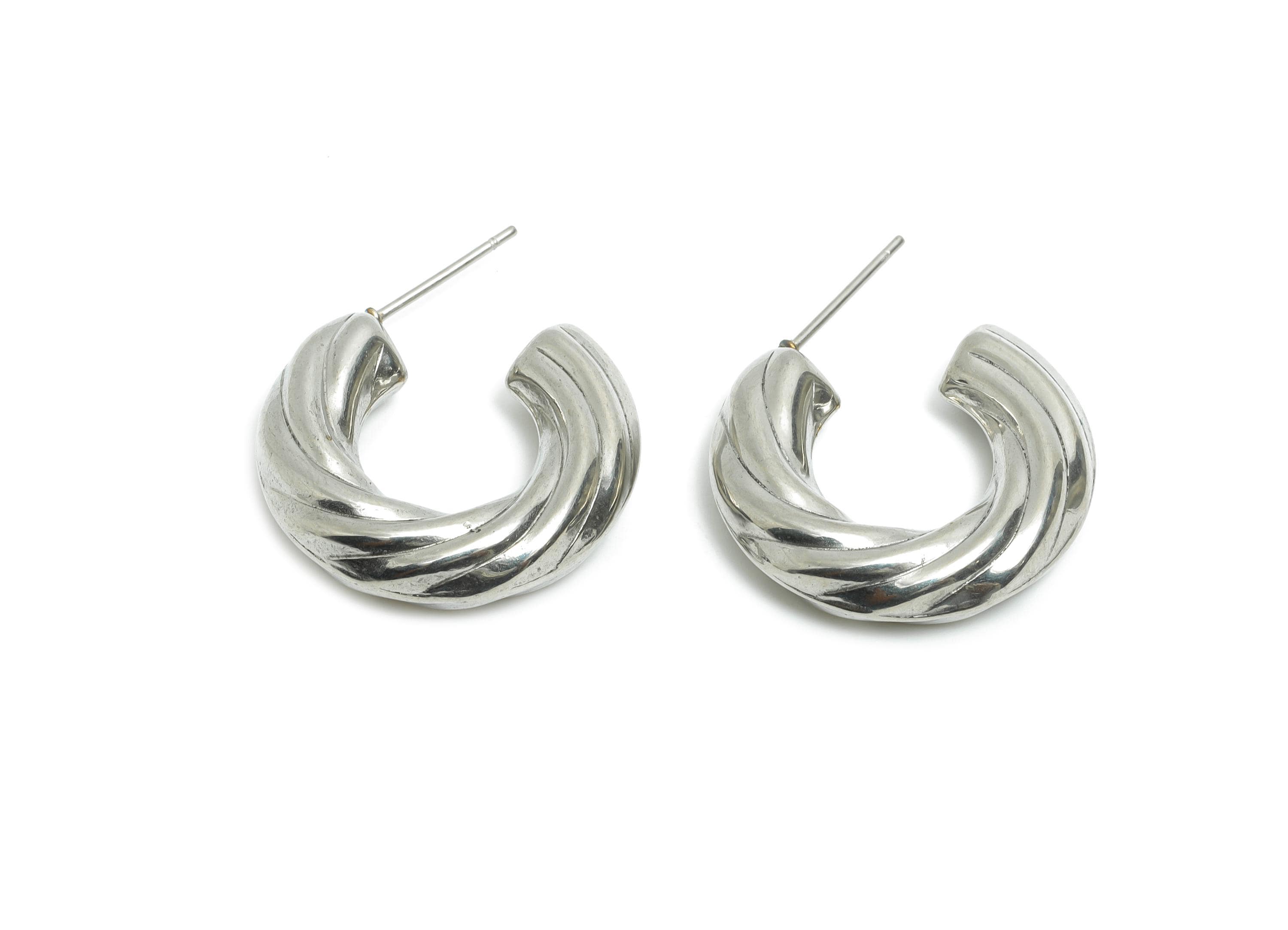 Stainless Steel C Hoop Earring Studs - Twisted Chunky Silver Hoop Post - Statement Open Hoop Studs - Earring Jewelry - 25x22x6.11mm - SS1703 - DOMEDBAZAAR