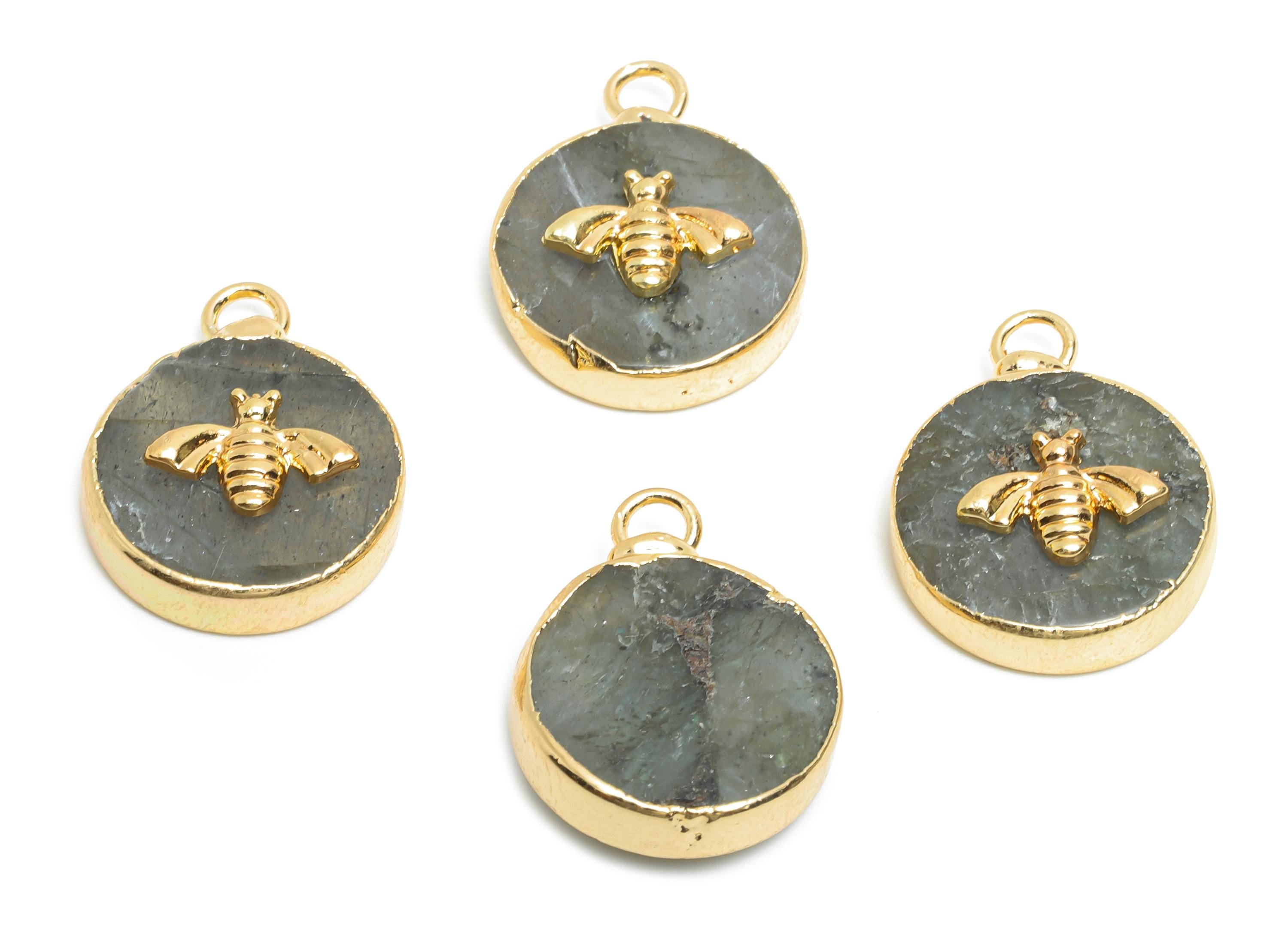 Flash Stone Bee Pendant - Brass Elegant Bee Charm For Necklace - Round Bee Gold Frame Pendant - KC Gold Plating - 19x15x5mm - NS2881C - DOMEDBAZAAR