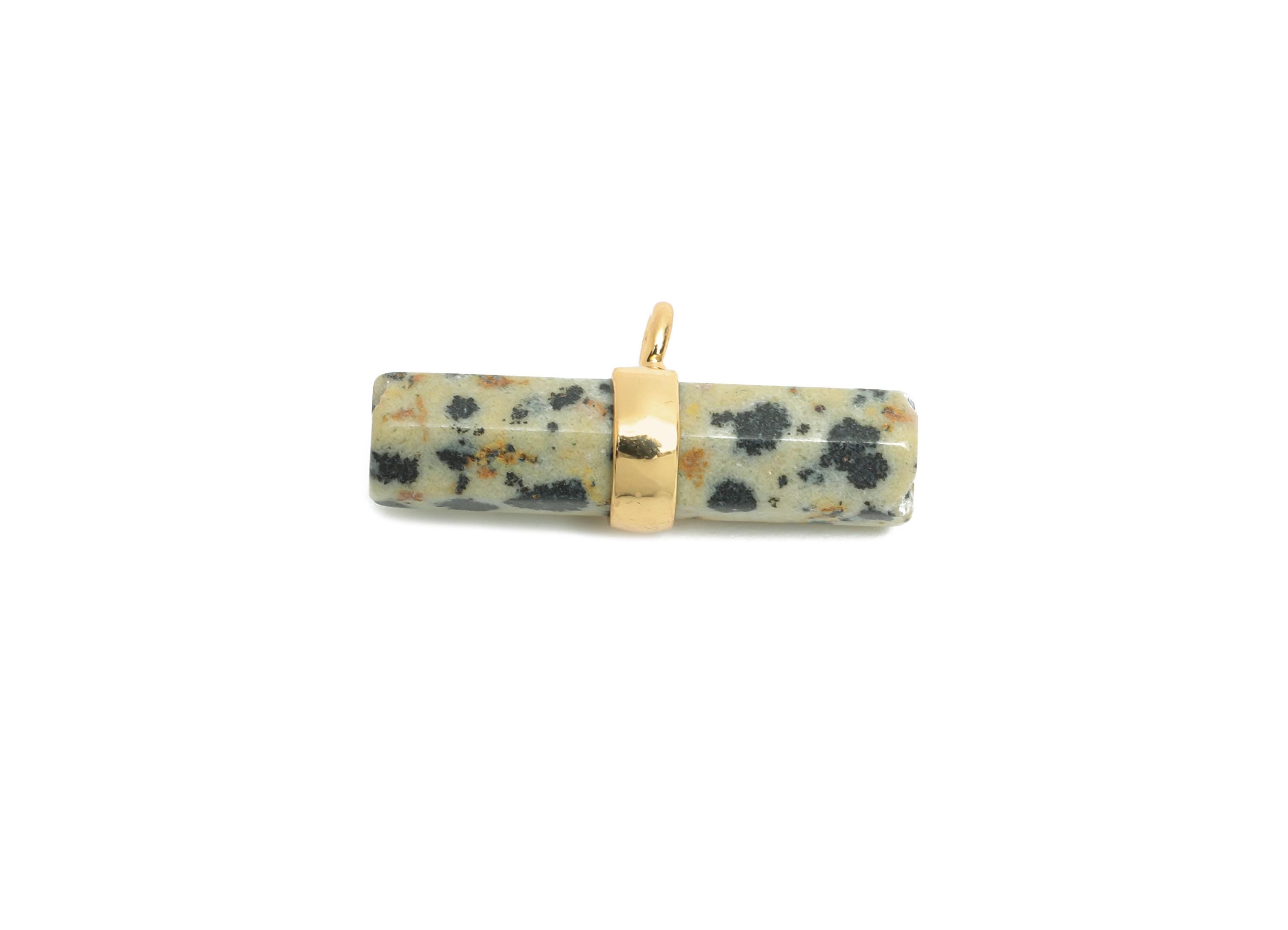 Dalmatian Stone Bar Pendant - Brass Rectangular Stone Charm For Necklace - Modern Stone Jewelry - KC Gold Plating - 22x11x6mm - NS2882F - DOMEDBAZAAR