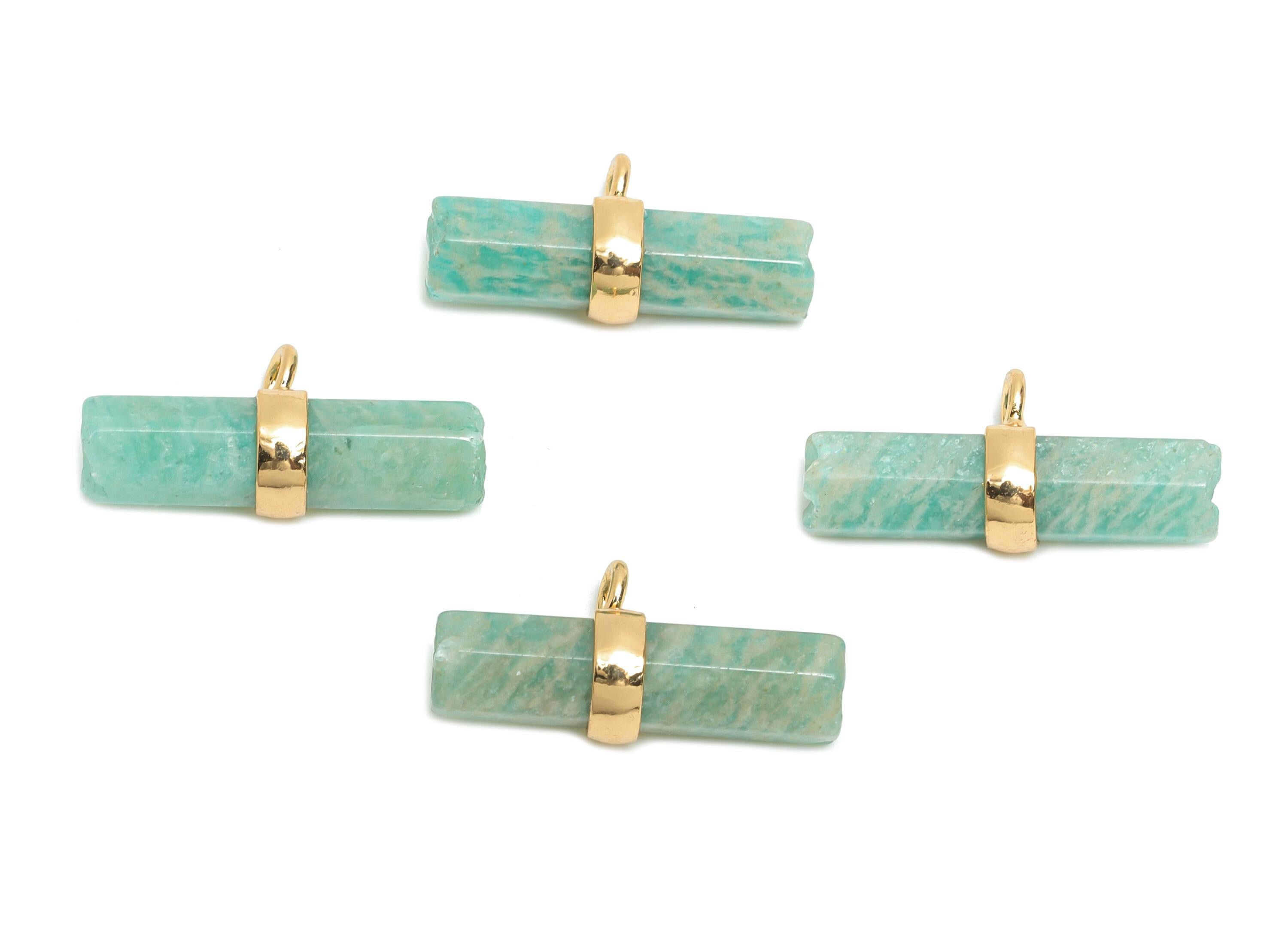Amazonite Bar Pendant - Brass Rectangular Stone Charm For Necklace - Brass Modern Stone Jewelry - KC Gold Plating - 21x10x6mm - NS2882G - DOMEDBAZAAR