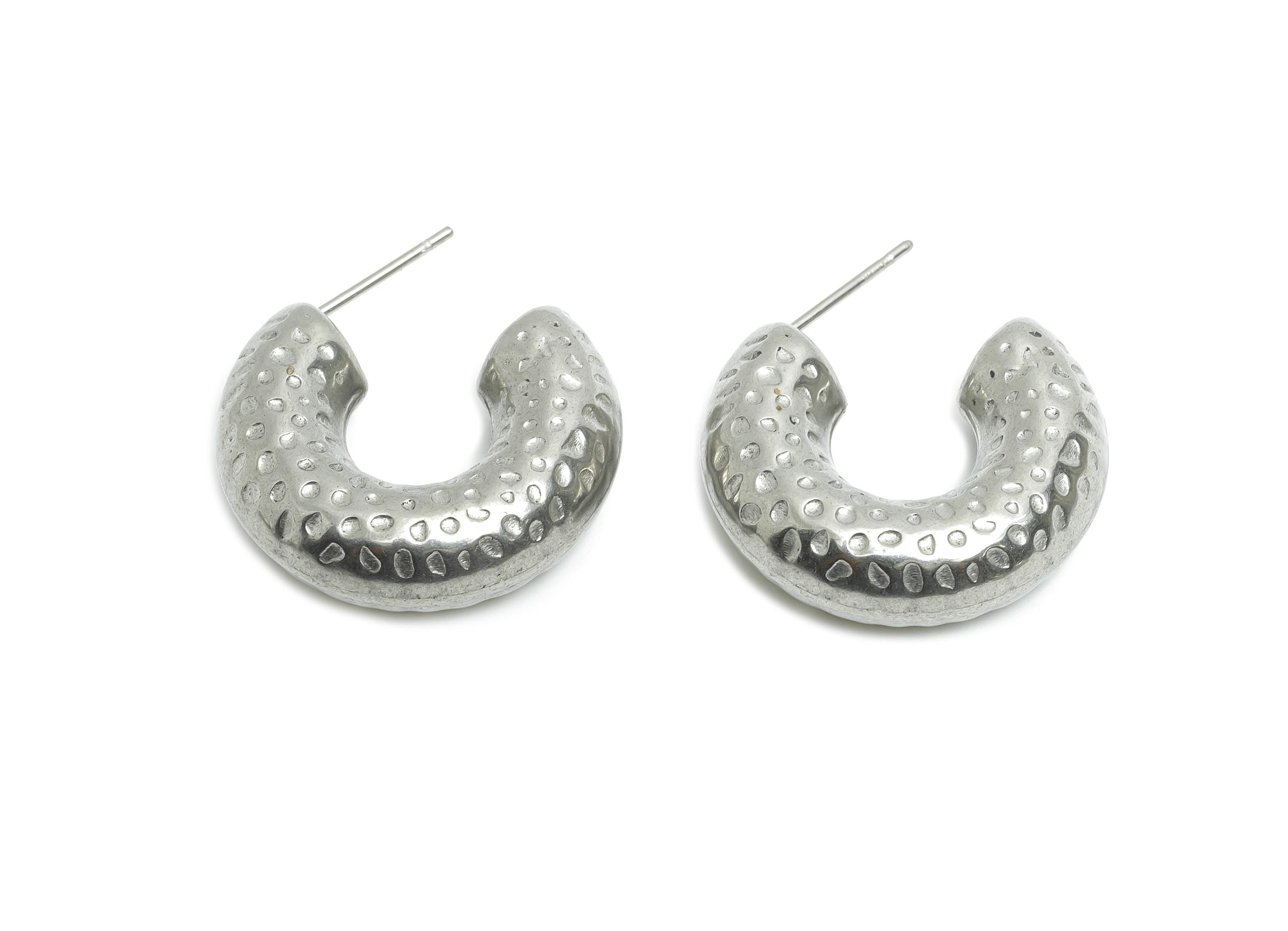 Steel Crescent Hoop Earring Studs - Hammered Silver Crescent Earring Post - Textured Open C Studs - Earring Finding - 25x21x7.9mm - SS1704 - DOMEDBAZAAR