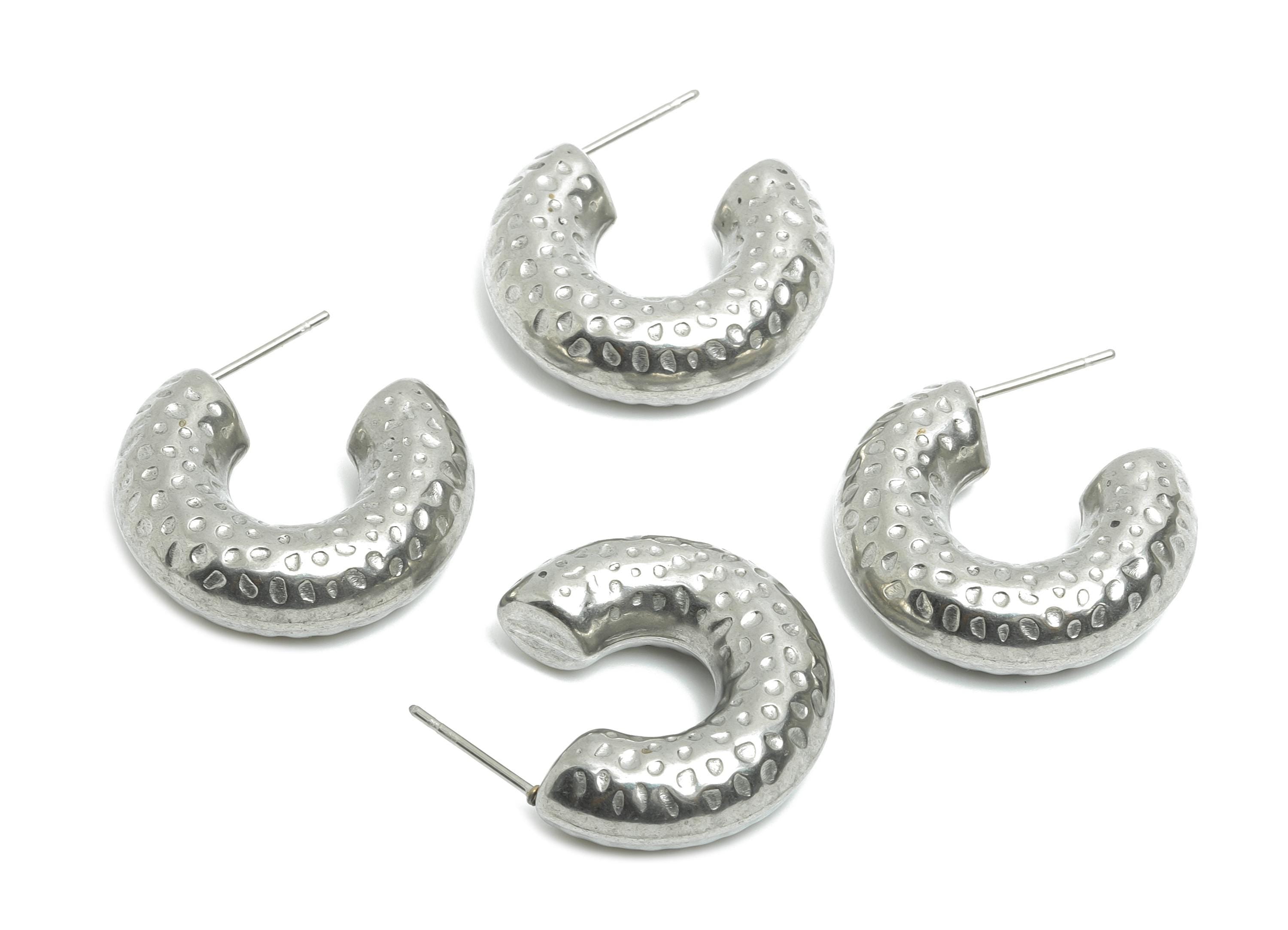 Steel Crescent Hoop Earring Studs - Hammered Silver Crescent Earring Post - Textured Open C Studs - Earring Finding - 25x21x7.9mm - SS1704 - DOMEDBAZAAR