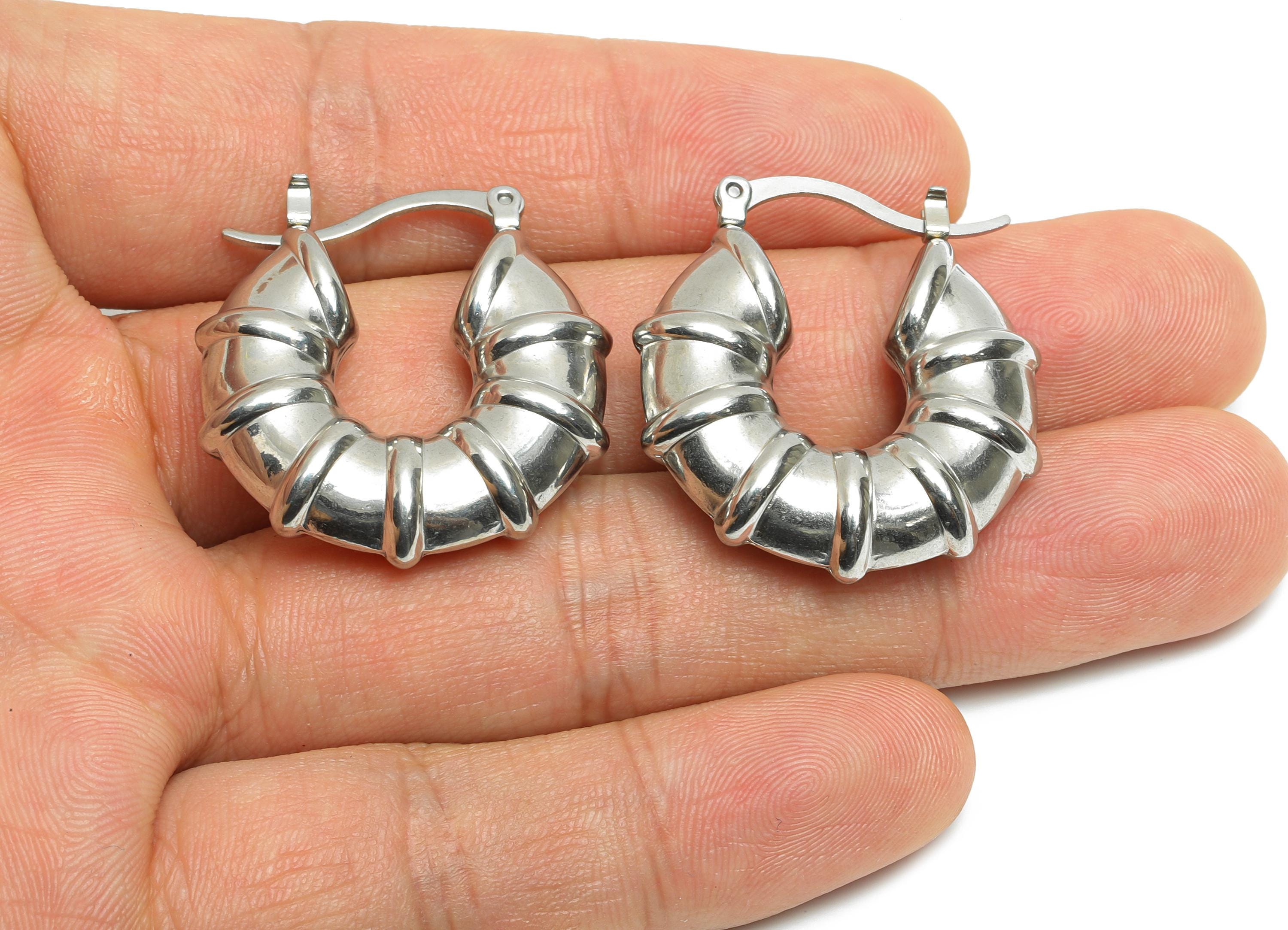 Steel Hoop Earring - Unique Silver Metal Hoop Earring - Hinged Back - Statement Steel Hoop Jewelry - Steel Finding - 28x27.74x7.7mm - SS1706 - DOMEDBAZAAR