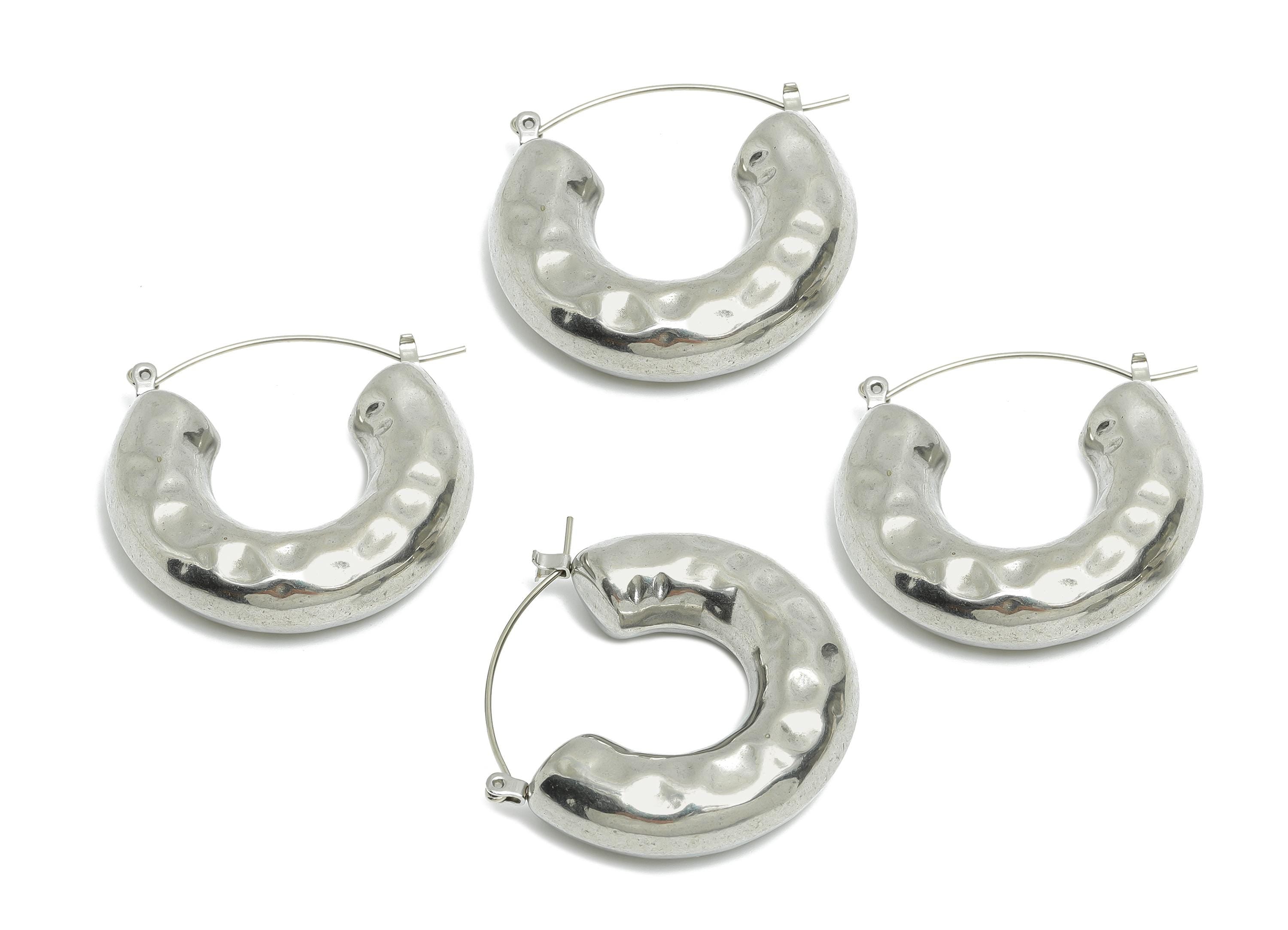 Steel Hoop Earrings - Hammered Thick C Hoop Earrings - Hinged Back - Statement Steel Hoop Jewelry - Steel Findings - 35x28x9.06mm - SS1699 - DOMEDBAZAAR