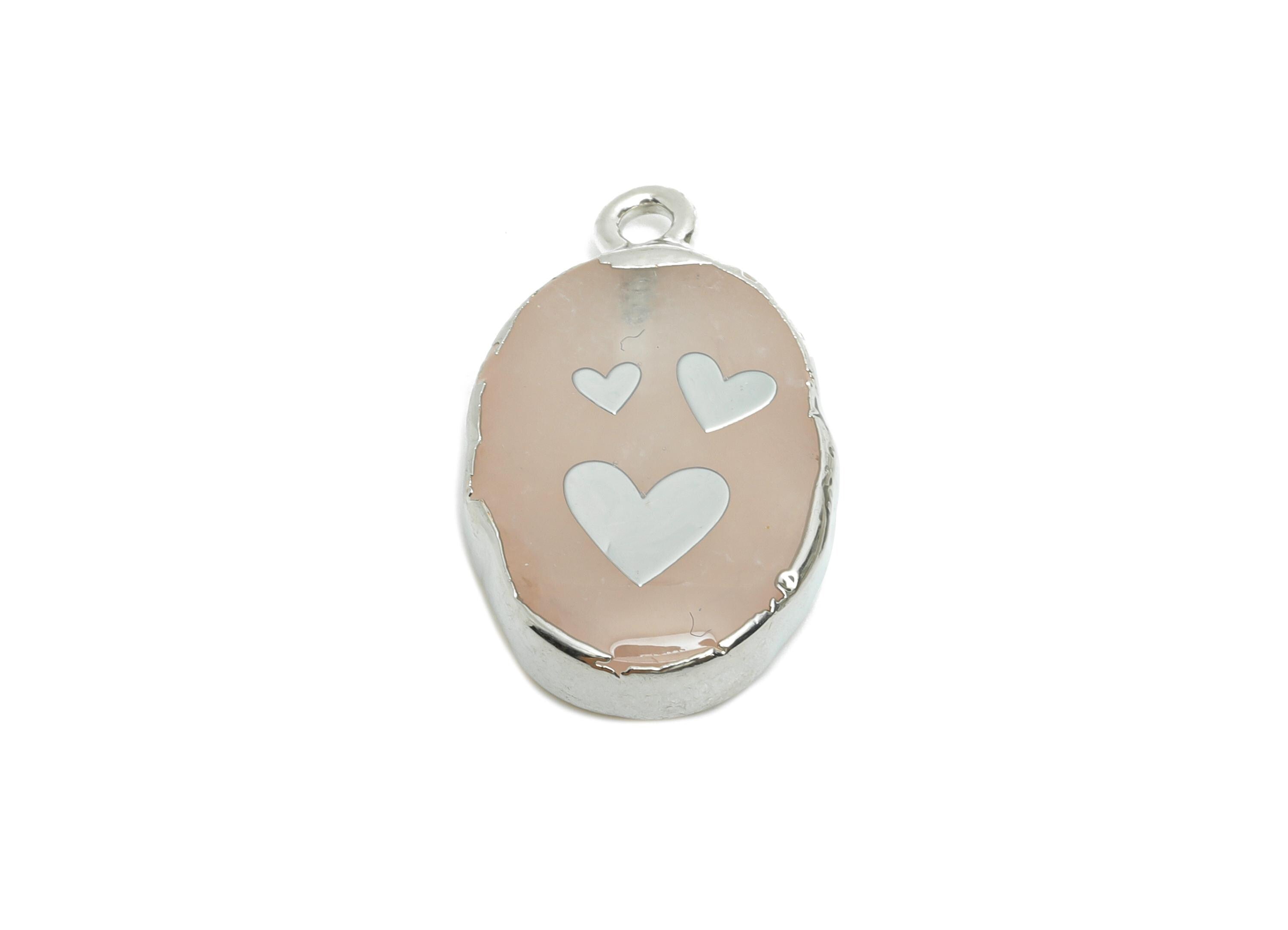 Rose Quartz Heart Pendant - Brass Cute Heart For Handmade Necklace - Modern Heart Pendant - KC White Gold Plating - 22x13x4mm - NS2869 - DOMEDBAZAAR