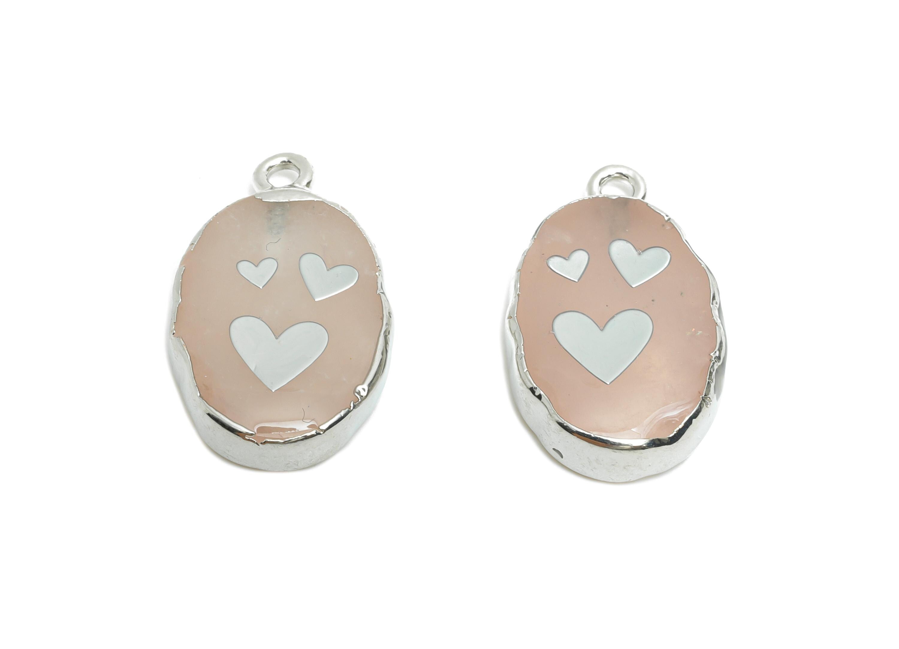 Rose Quartz Heart Pendant - Brass Cute Heart For Handmade Necklace - Modern Heart Pendant - KC White Gold Plating - 22x13x4mm - NS2869 - DOMEDBAZAAR