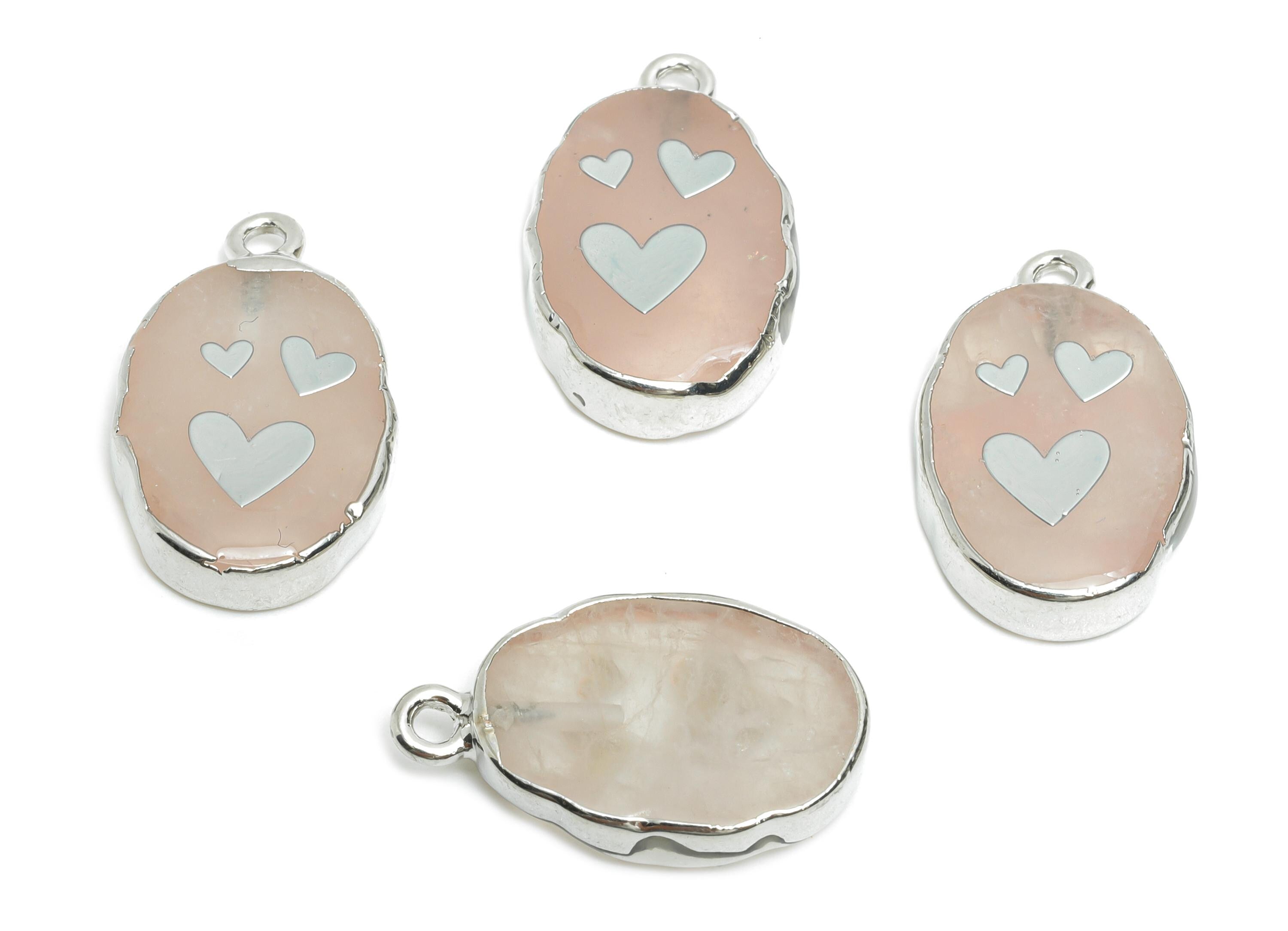 Rose Quartz Heart Pendant - Brass Cute Heart For Handmade Necklace - Modern Heart Pendant - KC White Gold Plating - 22x13x4mm - NS2869 - DOMEDBAZAAR