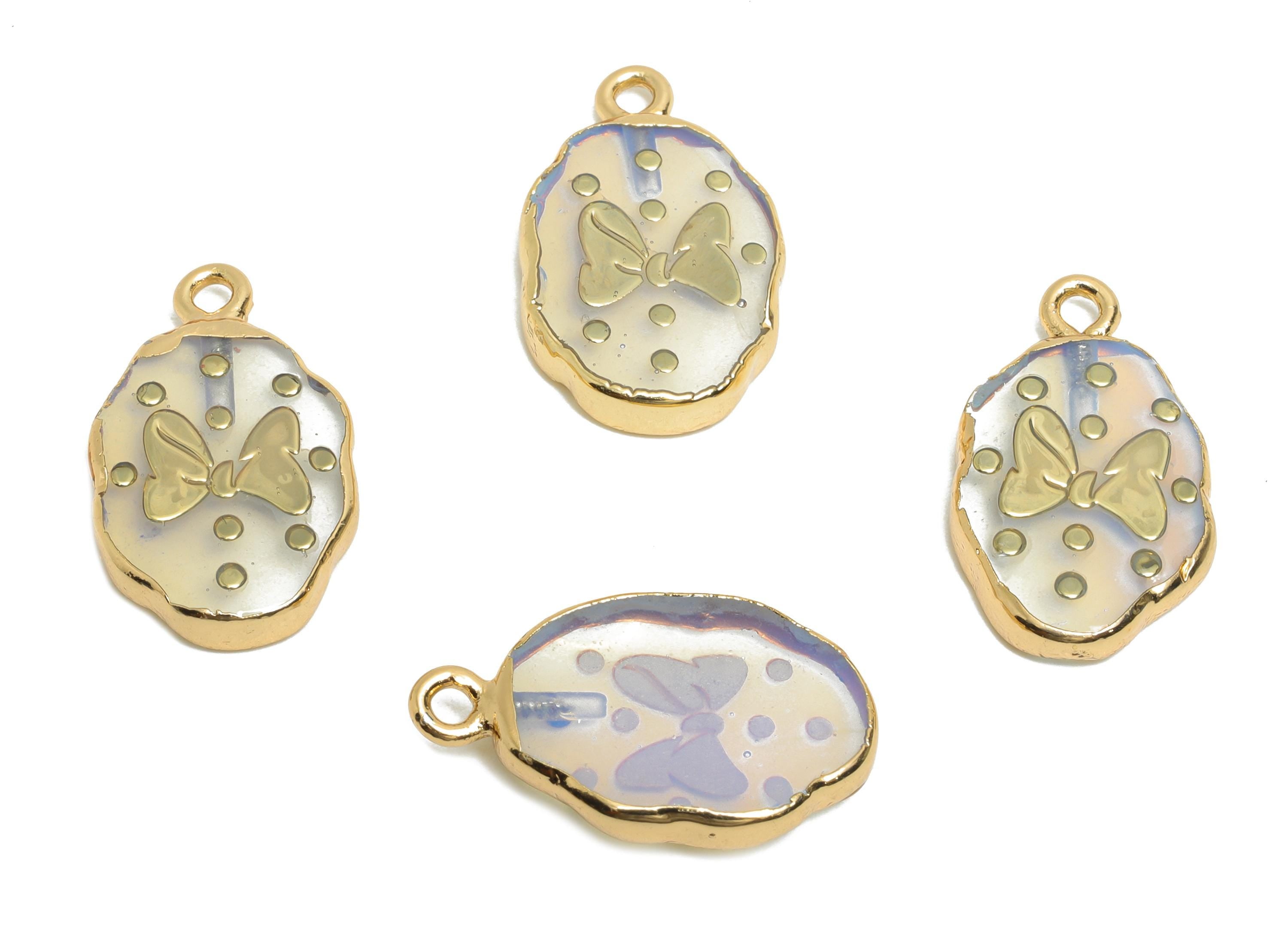 Opal Oval Bow Pendant - Brass Polka Dot For Handmade Necklace - Cute Bow and Dots Charm - 18K Real Gold Plated - 22x13x3.63mm - NS2868 - DOMEDBAZAAR