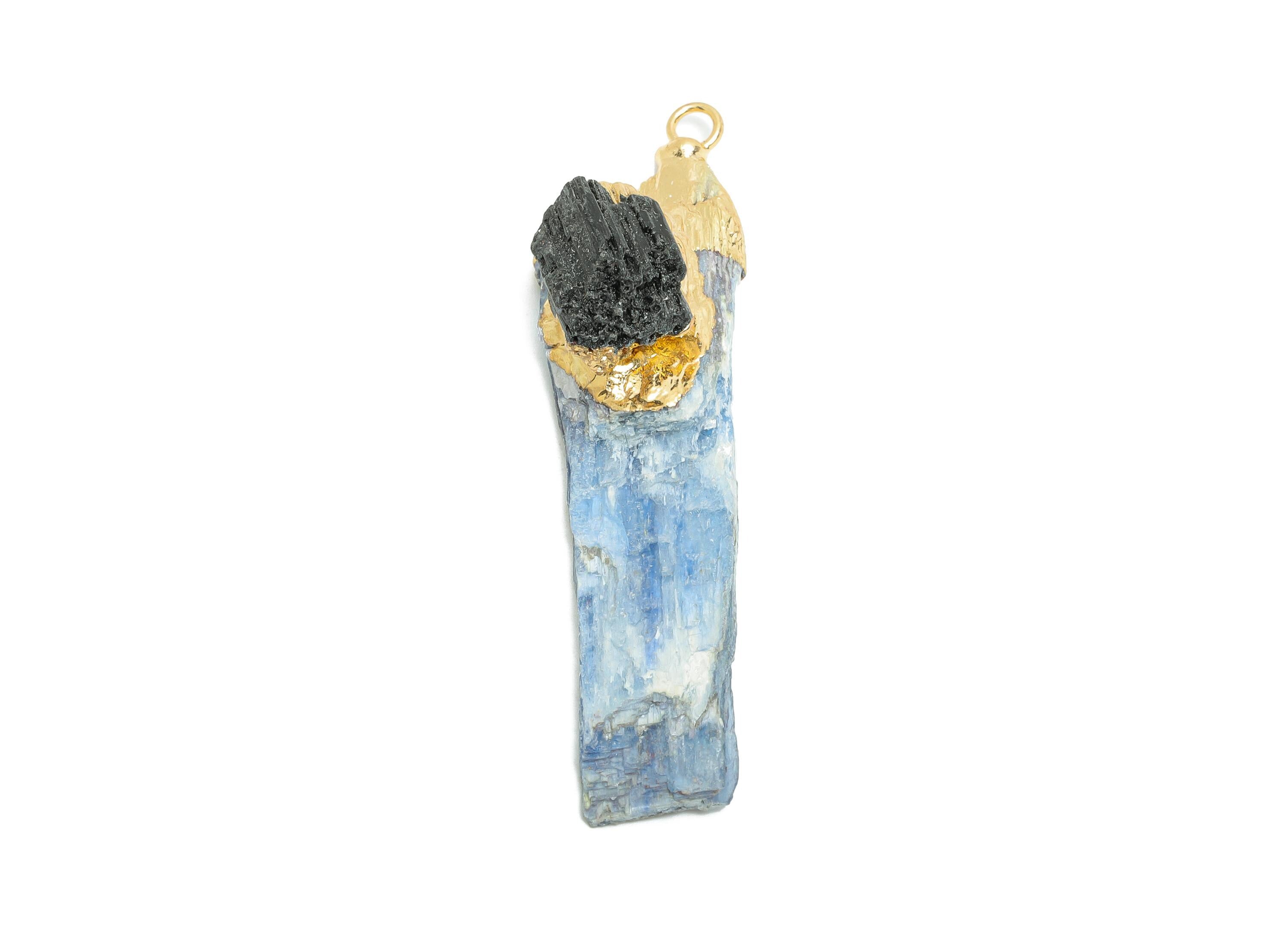 Brass Kyanite Stick Pendant - Black Tourmaline Bar Raw Stone Charm - Handmade Natural Stone Pendant - KC Gold Plated - 52x13.8x10mm – NS2876 - DOMEDBAZAAR
