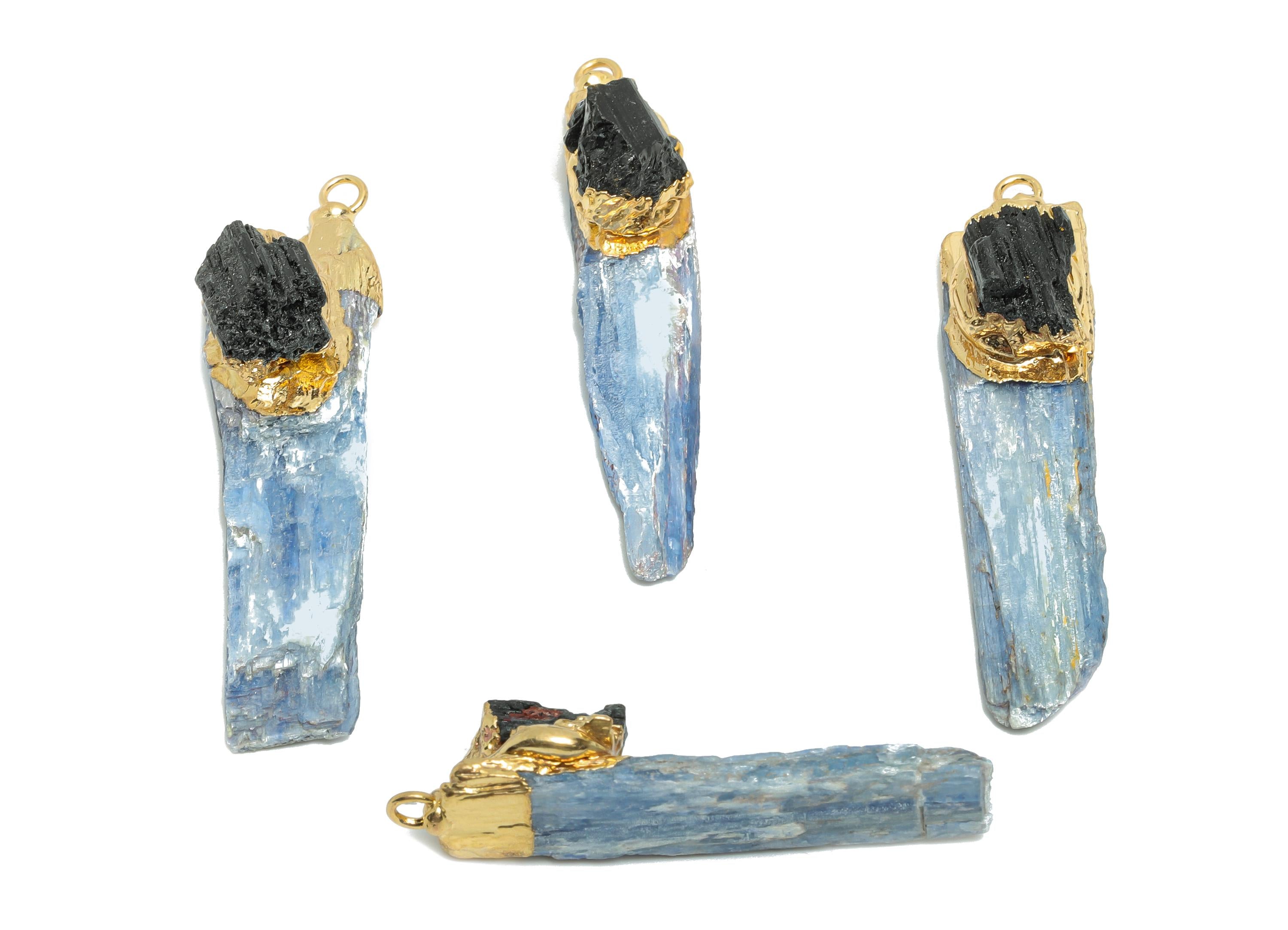 Brass Kyanite Stick Pendant - Black Tourmaline Bar Raw Stone Charm - Handmade Natural Stone Pendant - KC Gold Plated - 52x13.8x10mm – NS2876 - DOMEDBAZAAR