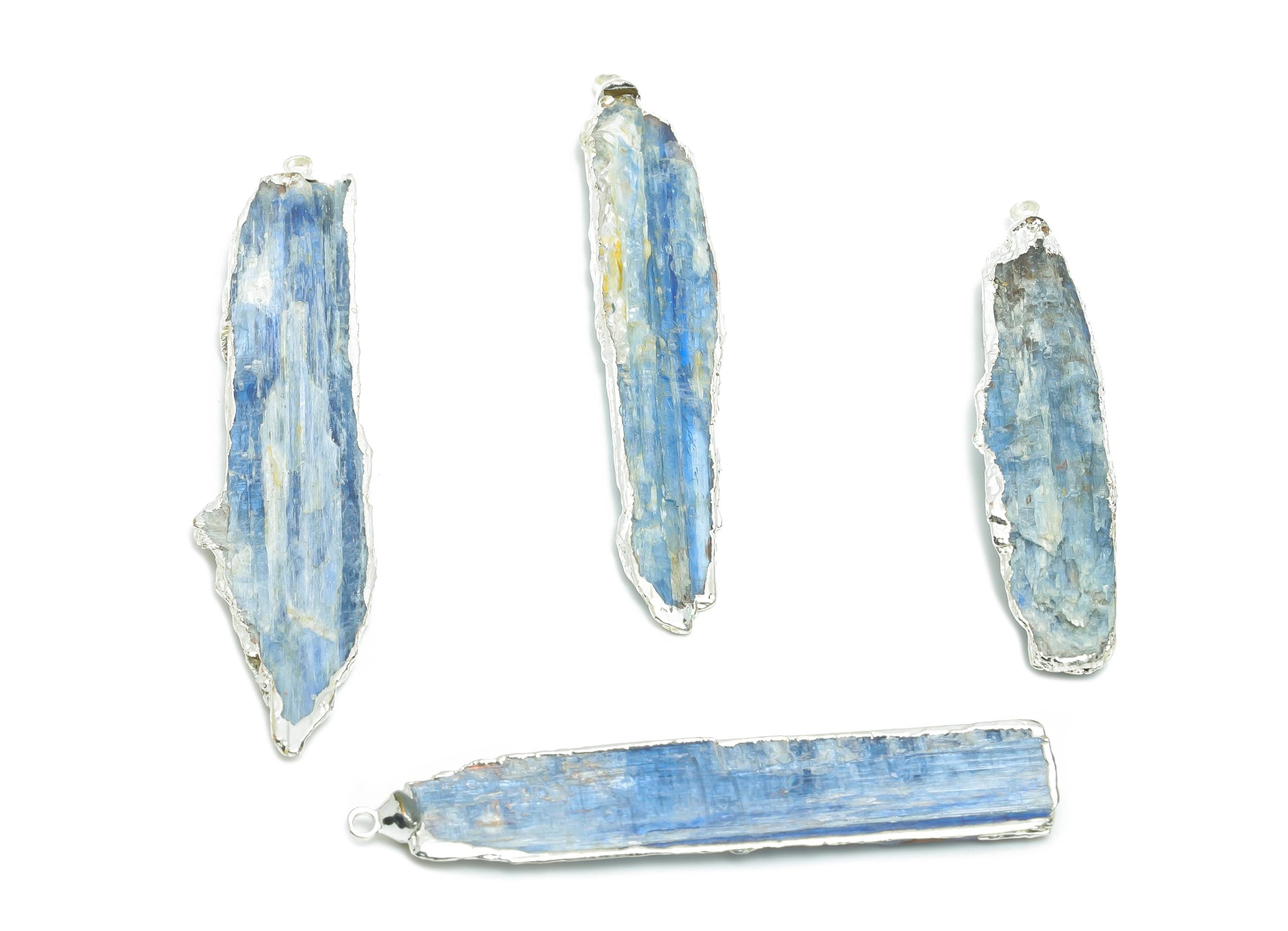 Brass Kyanite Stick Pendant - Irregular Kyanite Bar Natural Stone Pendant - Handmade Jewelry Making - Silver Tone Plated - 55x10x3mm -NS2877 - DOMEDBAZAAR
