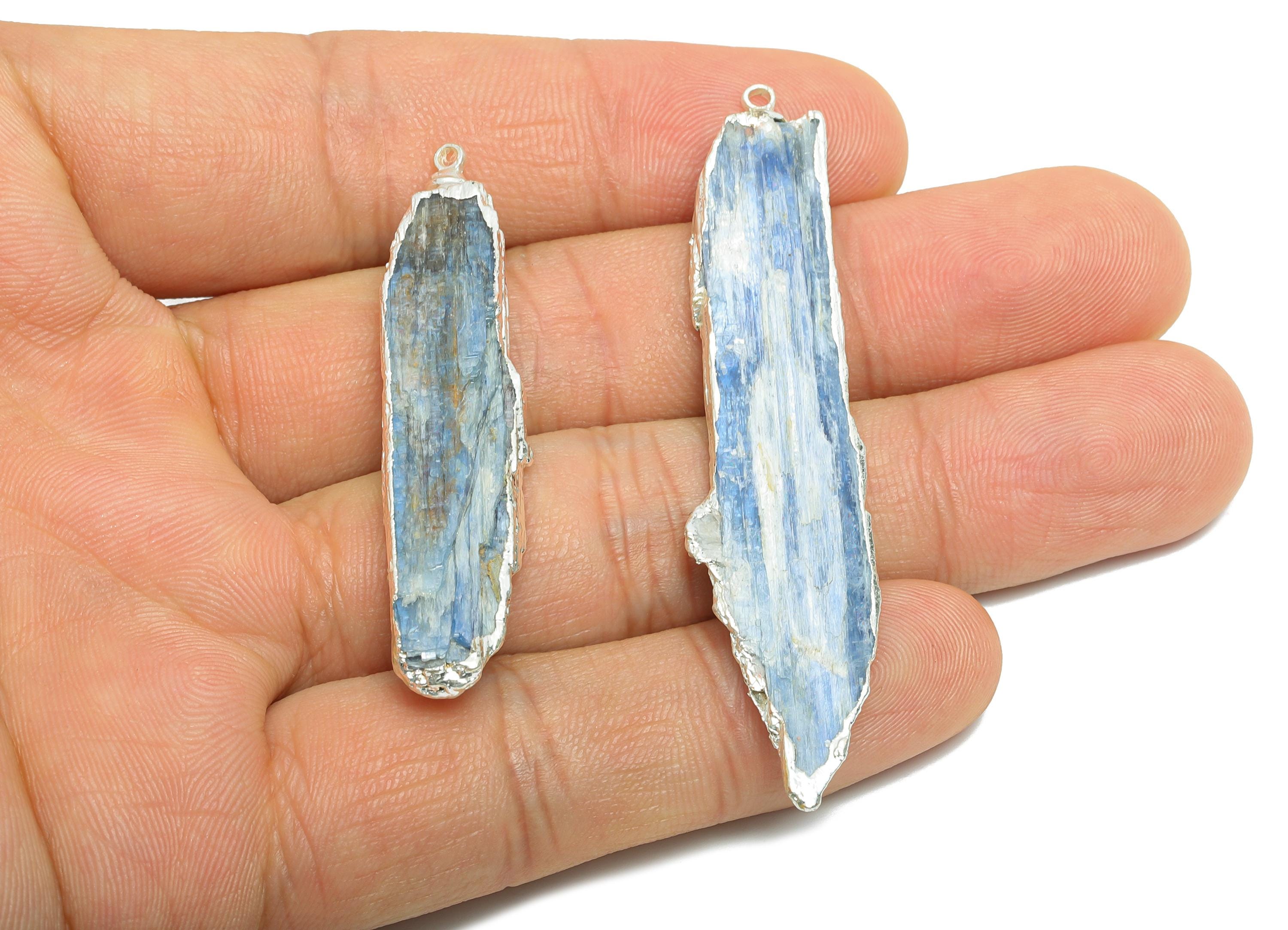 Brass Kyanite Stick Pendant - Irregular Kyanite Bar Natural Stone Pendant - Handmade Jewelry Making - Silver Tone Plated - 55x10x3mm -NS2877 - DOMEDBAZAAR