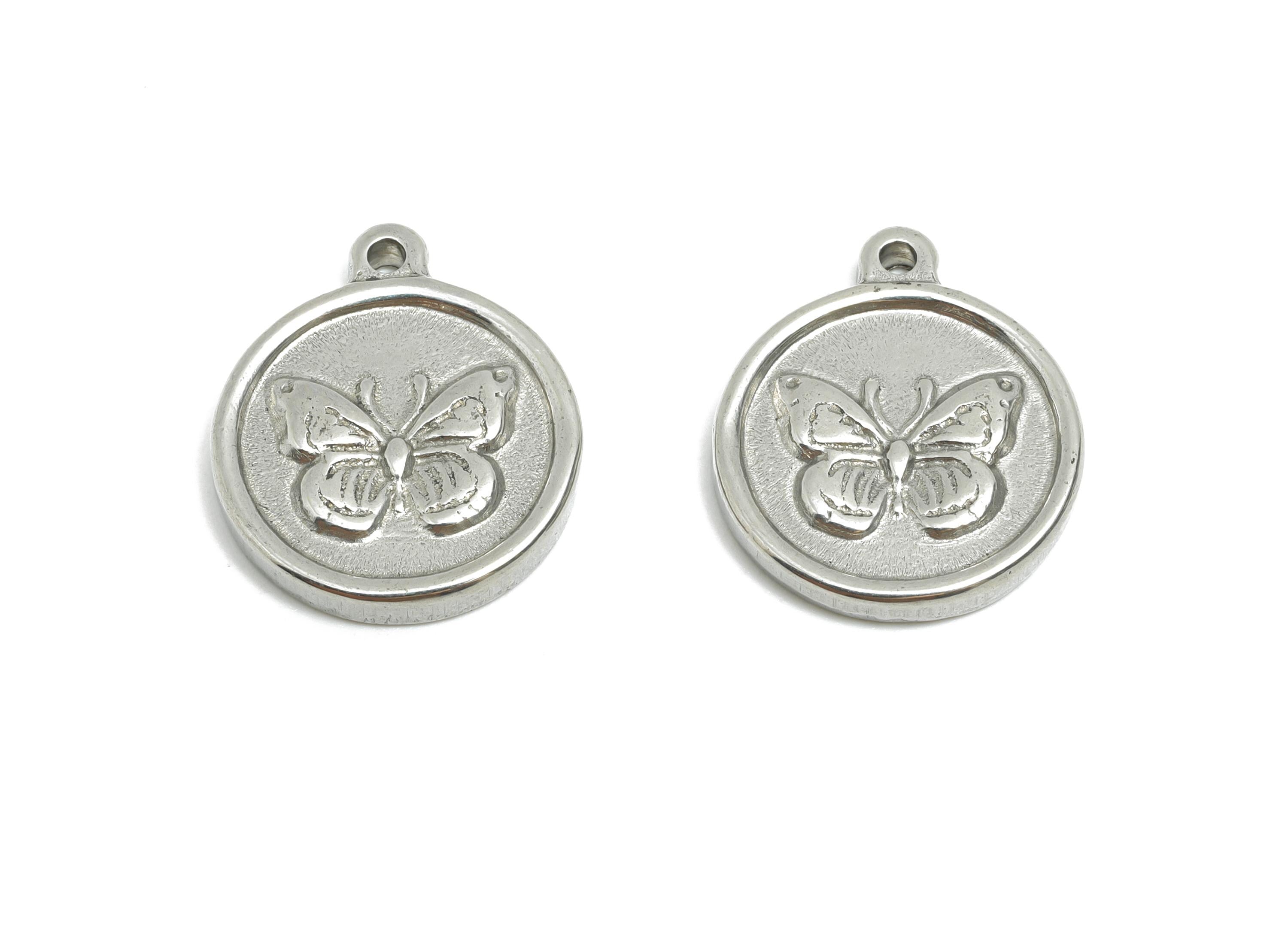 Steel Butterfly Charm - Detailed Round Silver Insect Charm - Vintage Flying Butterfly Charm - Minimalist Jewelry - 18.4x15.38x2.5mm - SS1924 - DOMEDBAZAAR