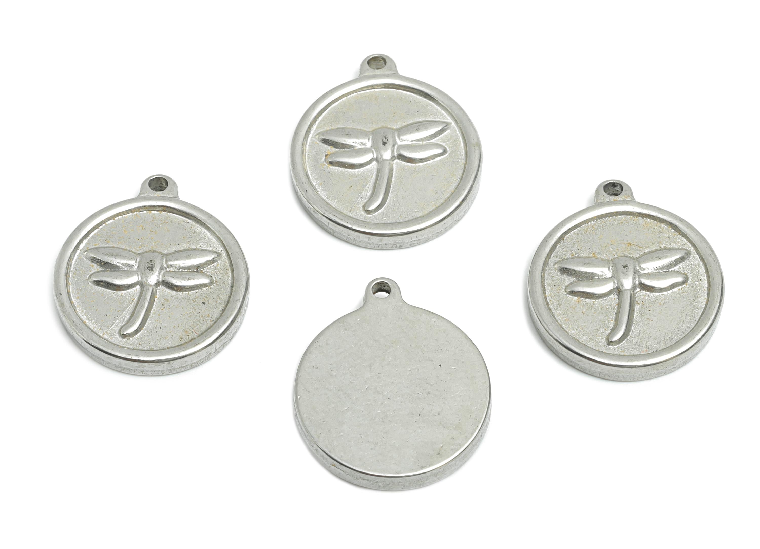 Stainless Steel Dragonfly Pendant - Round Coin Dragonfly Charm - Elegant Insect Pendant - Animal Charm for Jewelry - 17x15x2.69mm - SS1966 - DOMEDBAZAAR