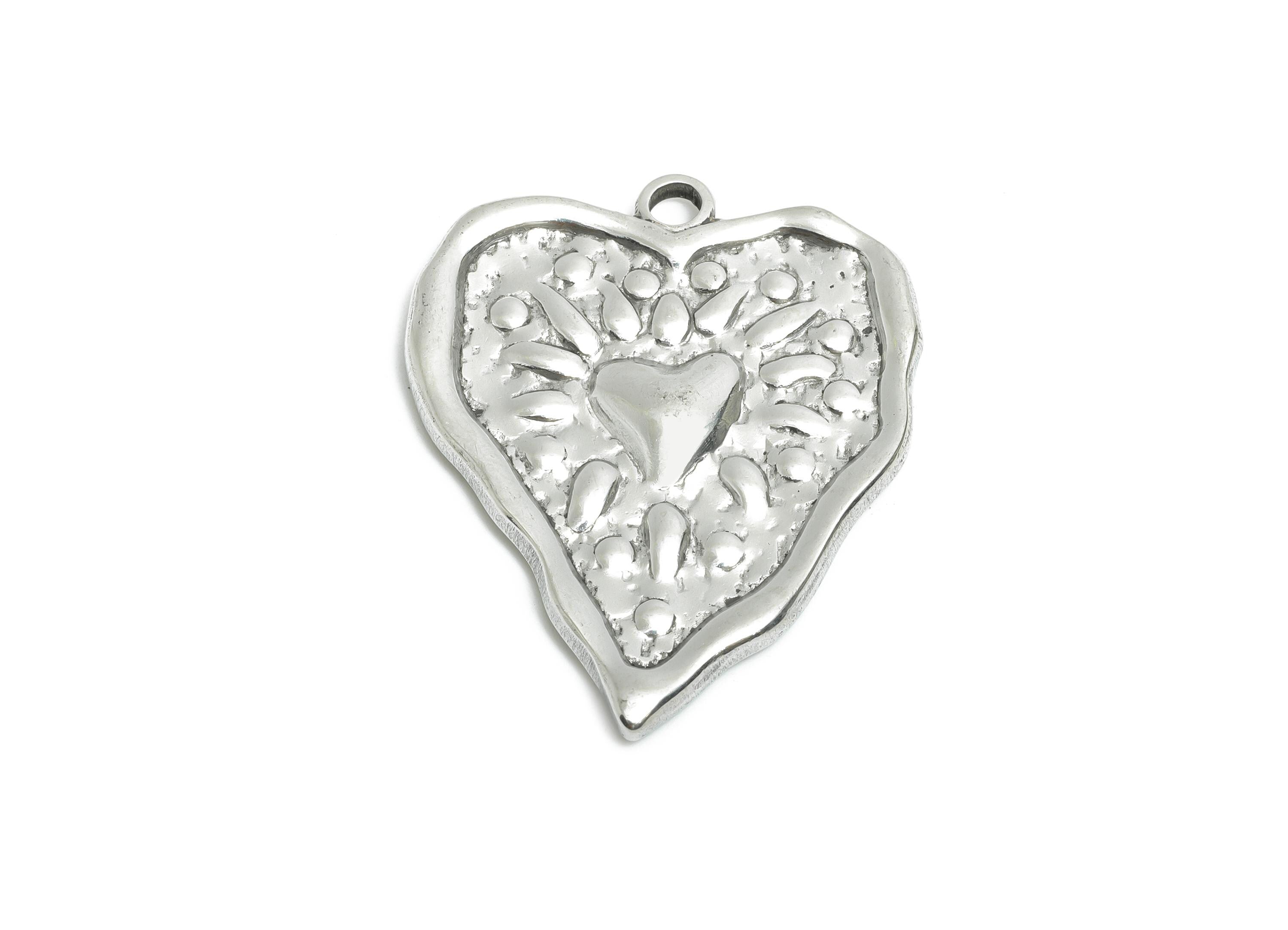 Stainless Steel Heart Charms - Hammered Modern Heart Pendant for Necklace - Romantic Heart Jewelry - Steel Finding - 35.97x29x2mm - SS1883 - DOMEDBAZAAR