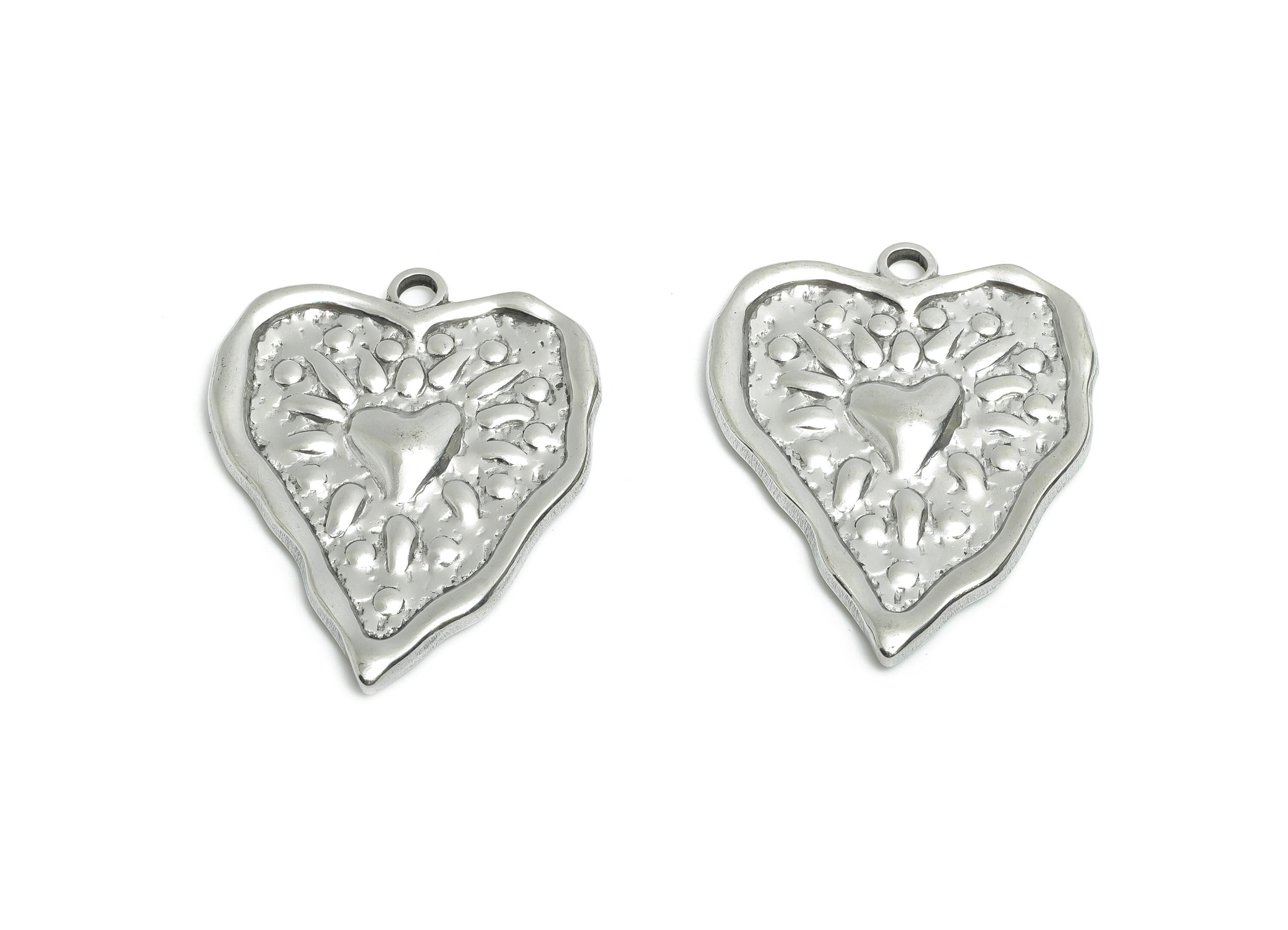 Stainless Steel Heart Charms - Hammered Modern Heart Pendant for Necklace - Romantic Heart Jewelry - Steel Finding - 35.97x29x2mm - SS1883 - DOMEDBAZAAR