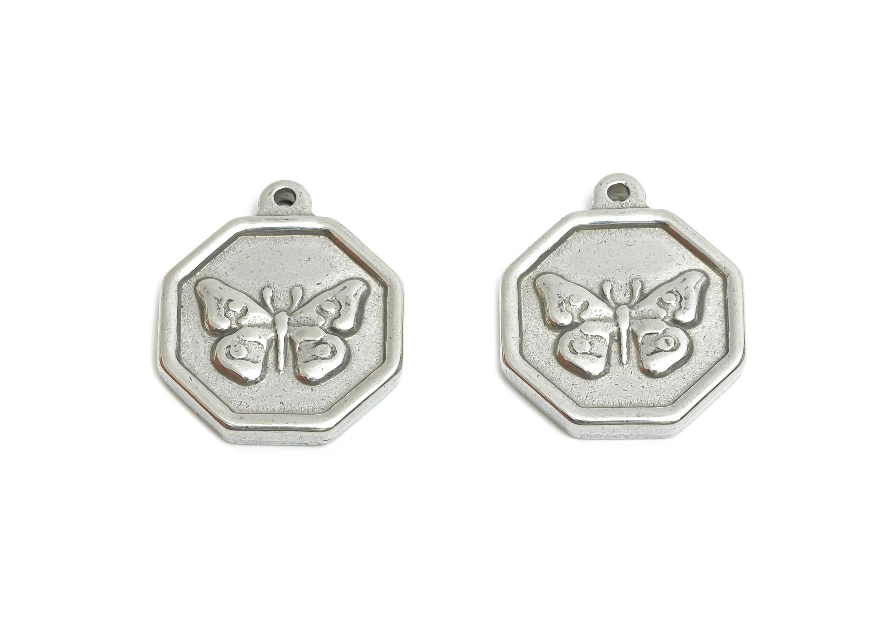 Steel Butterfly Charm - Detailed Silver Insect Charm - Vintage Flying Butterfly Geometric Charm - Steel Jewelry - 18.25x16.37x2.5mm - SS1900 - DOMEDBAZAAR