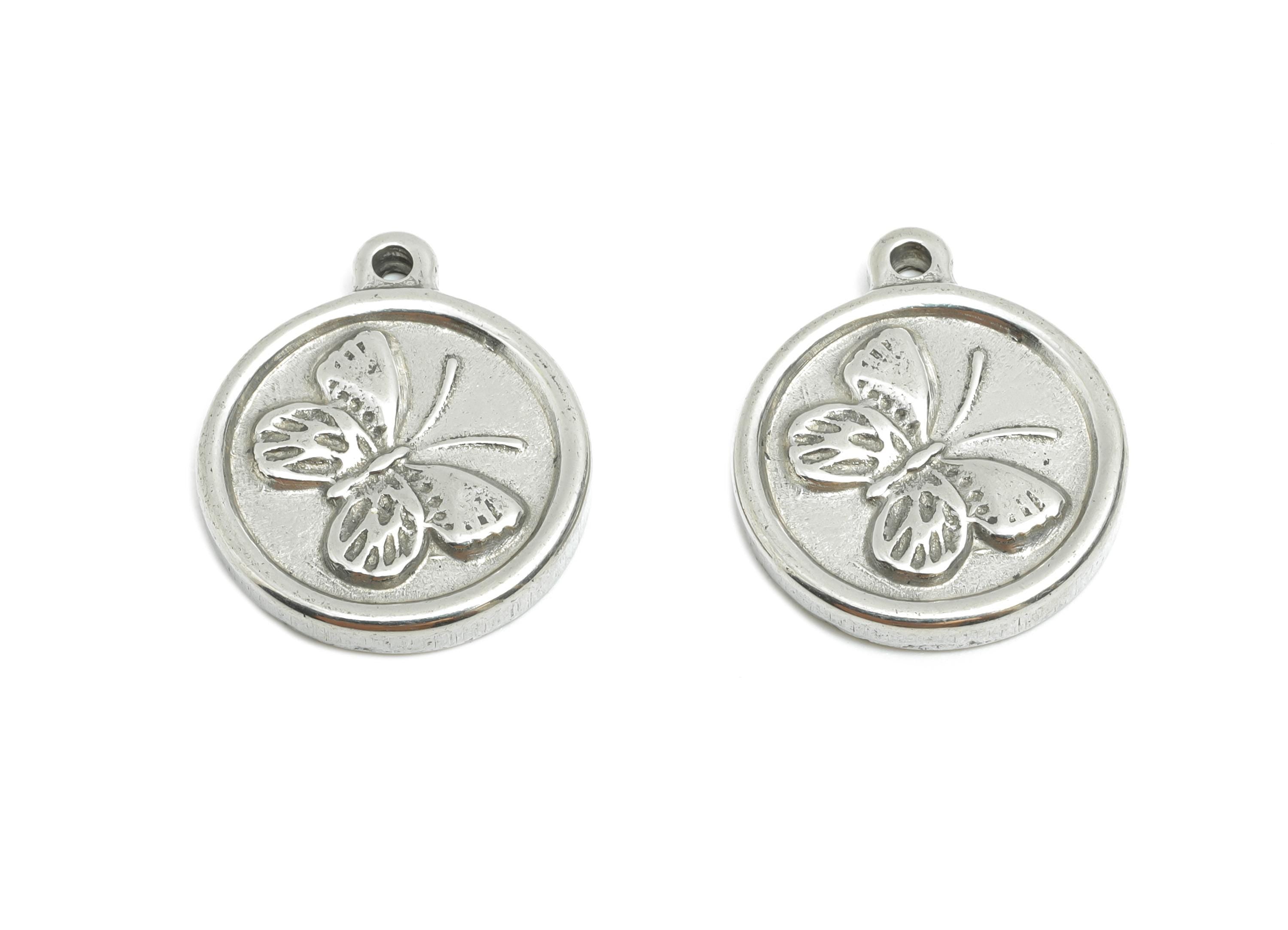 Steel Butterfly Charm - Detailed Silver Insect Charm - Vintage Flying Butterfly Round Charm - Stainless Steel Jewelry - 18x15x2mm - SS1820 - DOMEDBAZAAR