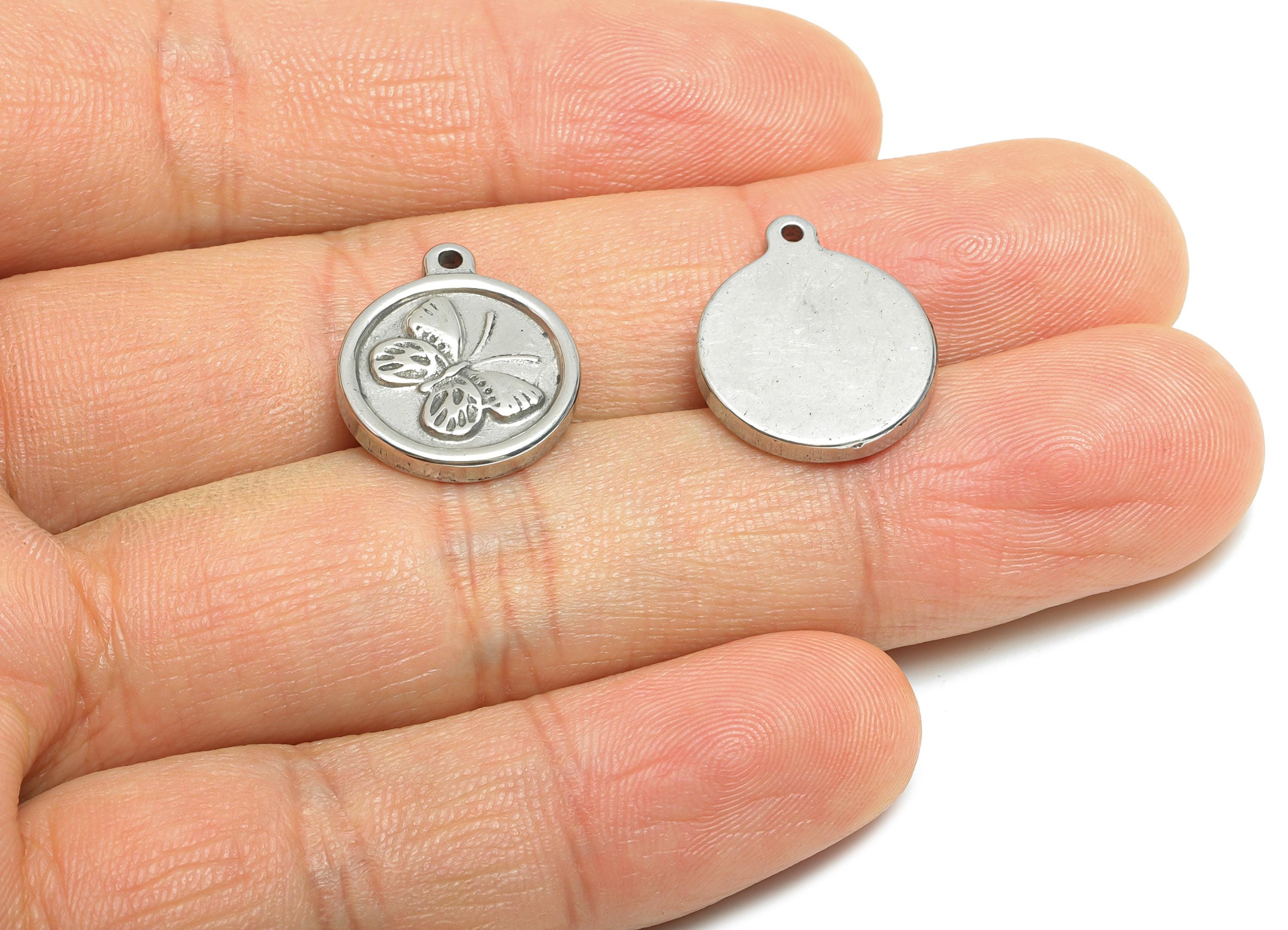 Steel Butterfly Charm - Detailed Silver Insect Charm - Vintage Flying Butterfly Round Charm - Stainless Steel Jewelry - 18x15x2mm - SS1820 - DOMEDBAZAAR