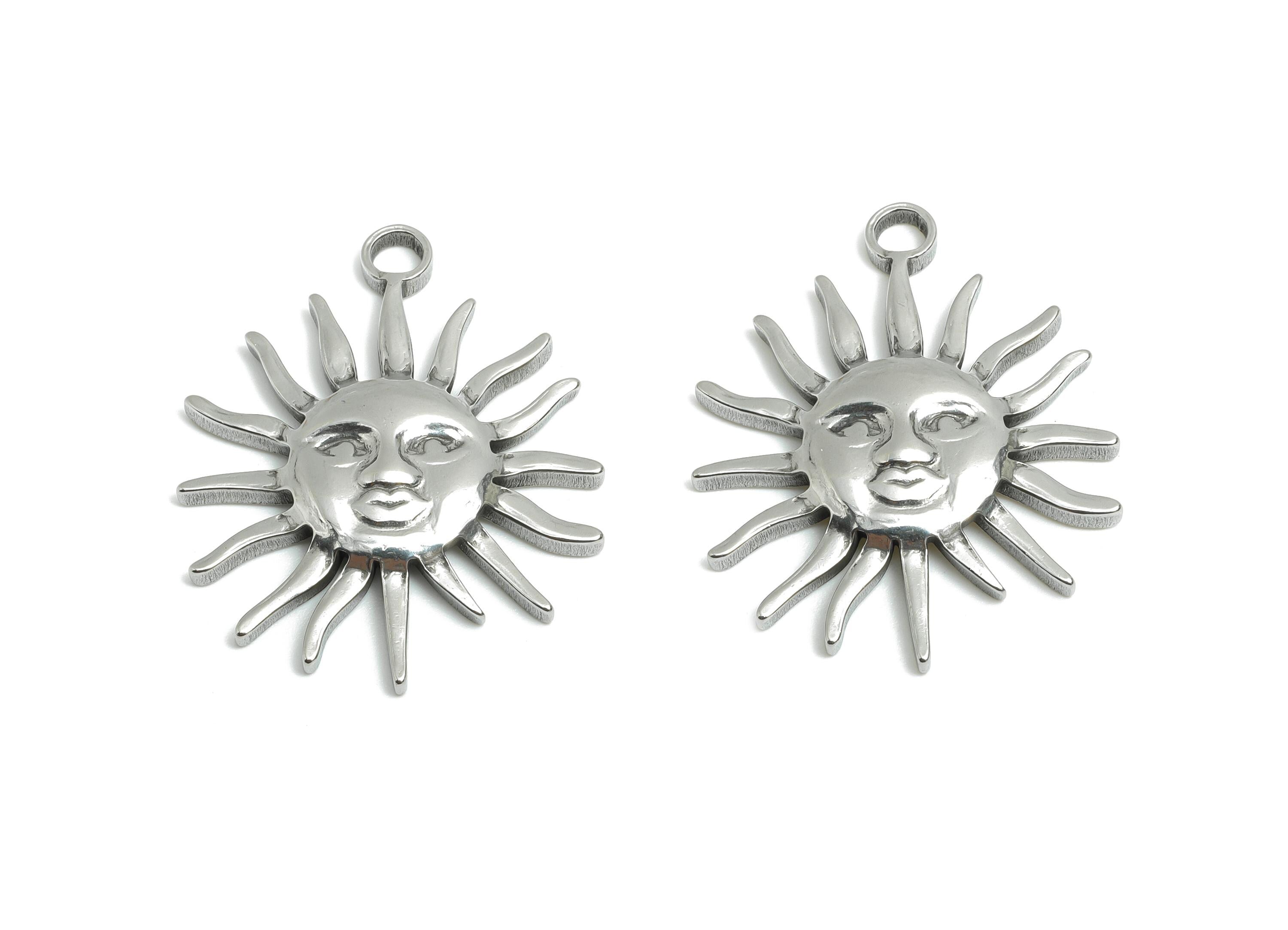 Steel Sun Face Pendant - Radiant Sun Charm For Necklace - Vintage Solar Energy Symbol Charm - Stainless Steel Jewelry - 30x24x3mm - SS1981 - DOMEDBAZAAR